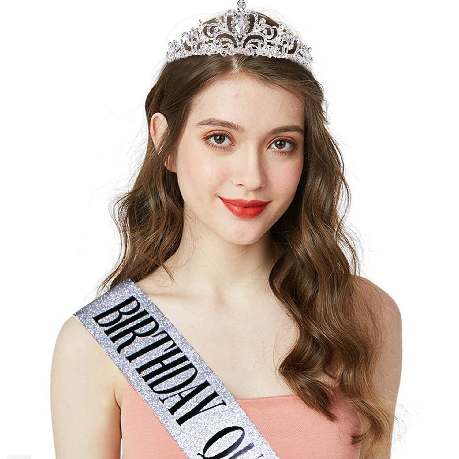 COCIDE Birthday Silver Tiara and Crowns Kit - Silver Tiara, Crown, Sash, Rhinestone Headband, Glitter Sash for Women & Girls Birthday Party Decorations