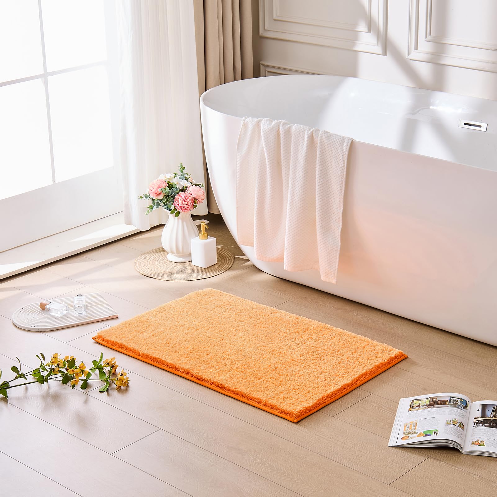 CozeCube Circle Fleece Bath mats for Bathroom, Fluffy Absorbent, Melange Quick Dry Microfiber Bath Rugs, Non Slip Washable Shower Mat Gifts, Brown, 24" X 16"