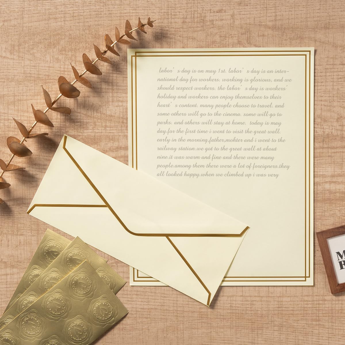50 Pack Stationery Set with Envelopes, Cream Color, 8.5x11 Inches | Gold Border, #10 Business Envelopes and 8.5x11 Paper Sheets, Stickers for Letter Writing, Invitations