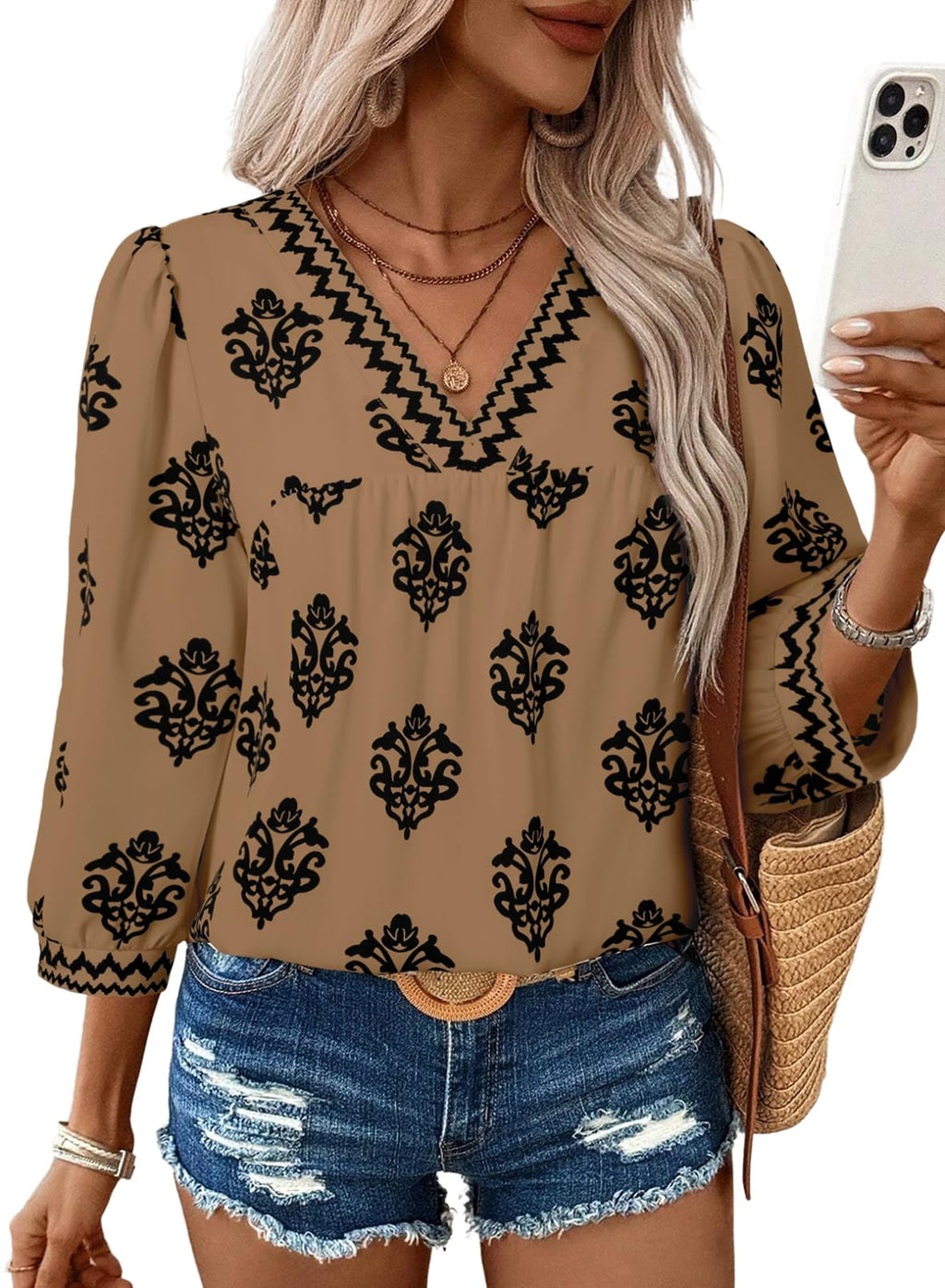 SHEWIN Women's Casual V Neck Floral Print Chiffon Blouses 3/4 Sleeve Boho Summer Tops Shirts