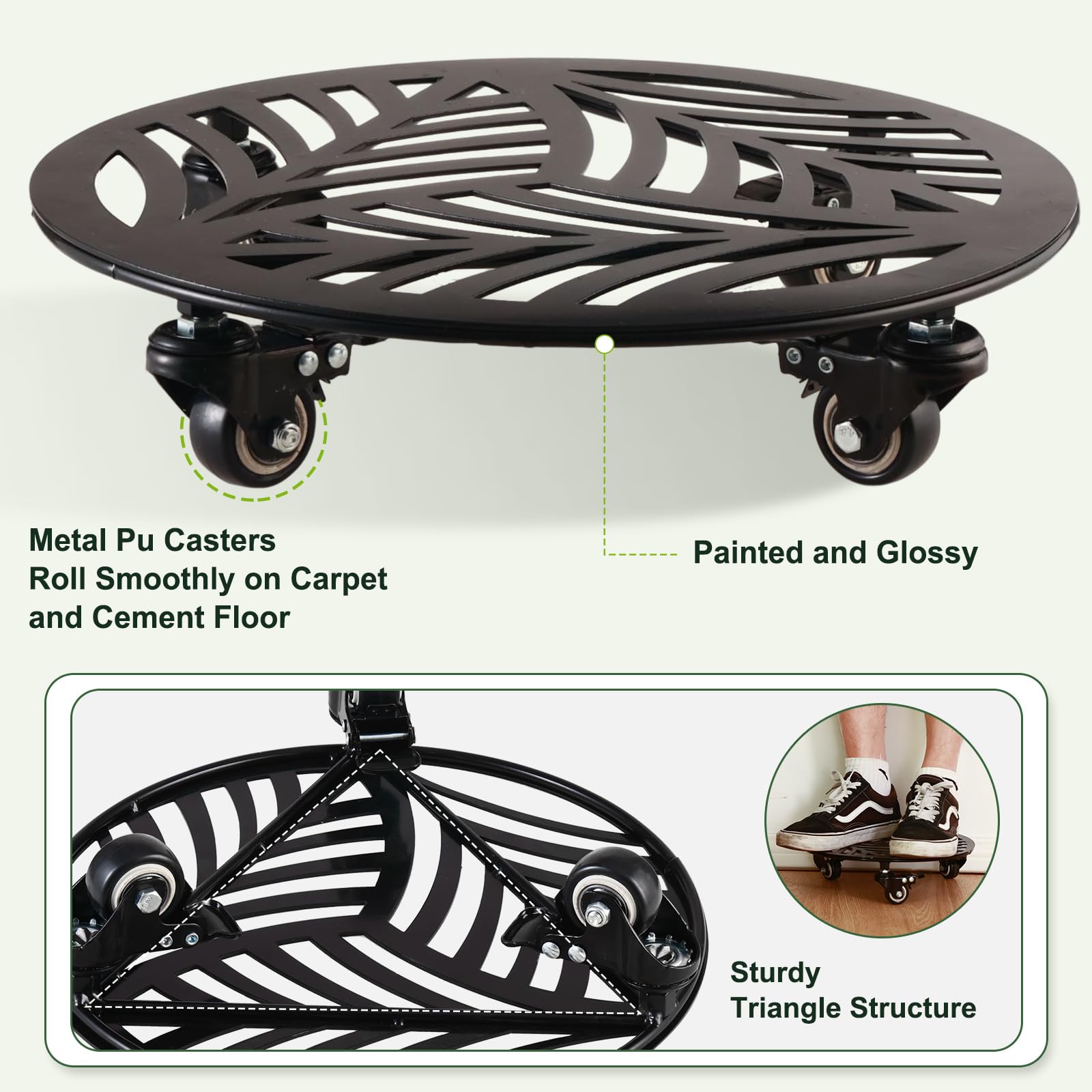 1 Pack 12 inches Large Metal Plant Caddy with 3 PU Metal Wheels Rolling Plant Stand with Casters Indoor Outdoor Wheeled Planter Roller Base Pot Movers Plant Dolly Coaster Trolley Black