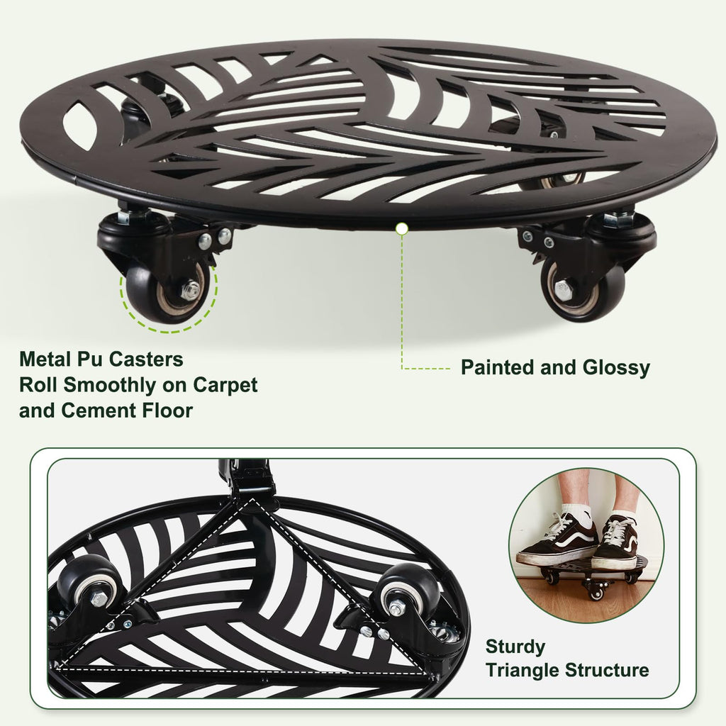 1 Pack 12 inches Large Metal Plant Caddy with 3 PU Metal Wheels Rolling Plant Stand with Casters Indoor Outdoor Wheeled Planter Roller Base Pot Movers Plant Dolly Coaster Trolley Black