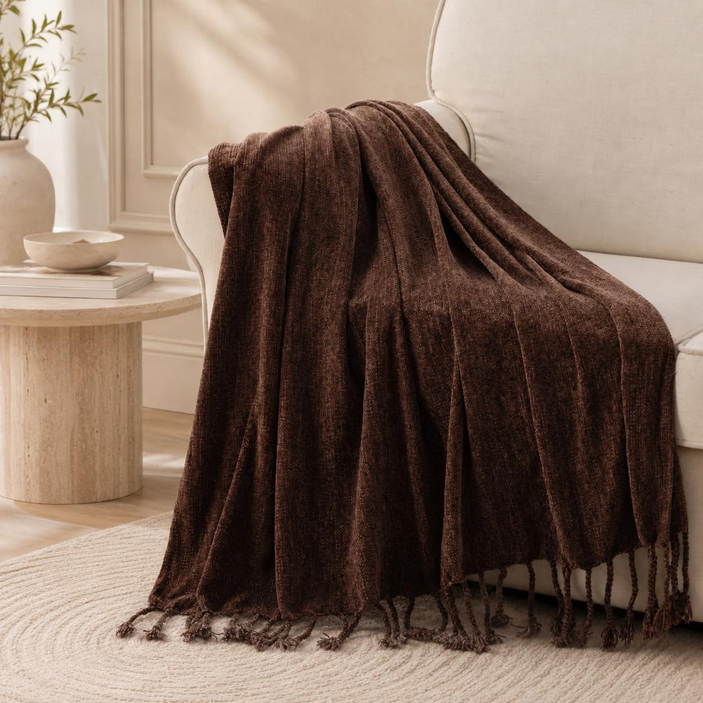 BATTILO HOME Beige Chenille Throw Blanket for Couch, Soft Cozy Textured Knit Throw Blanket with Handmade Fringe Tassels, Lightweight Decorative Farmhouse Blanket for Sofa Bed Chair, 50"x60"