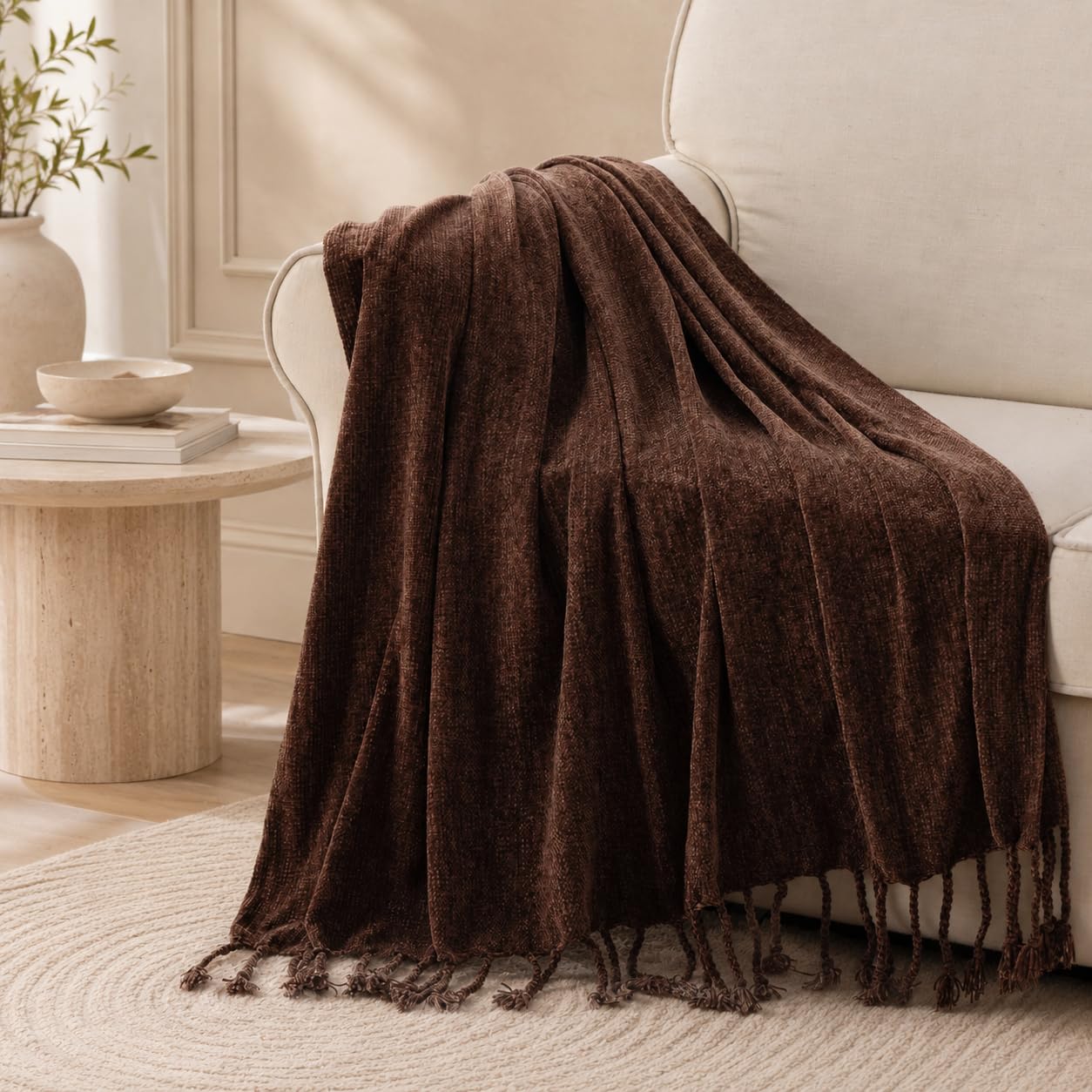 BATTILO HOME Beige Chenille Throw Blanket for Couch, Soft Cozy Textured Knit Throw Blanket with Handmade Fringe Tassels, Lightweight Decorative Farmhouse Blanket for Sofa Bed Chair, 50"x60"