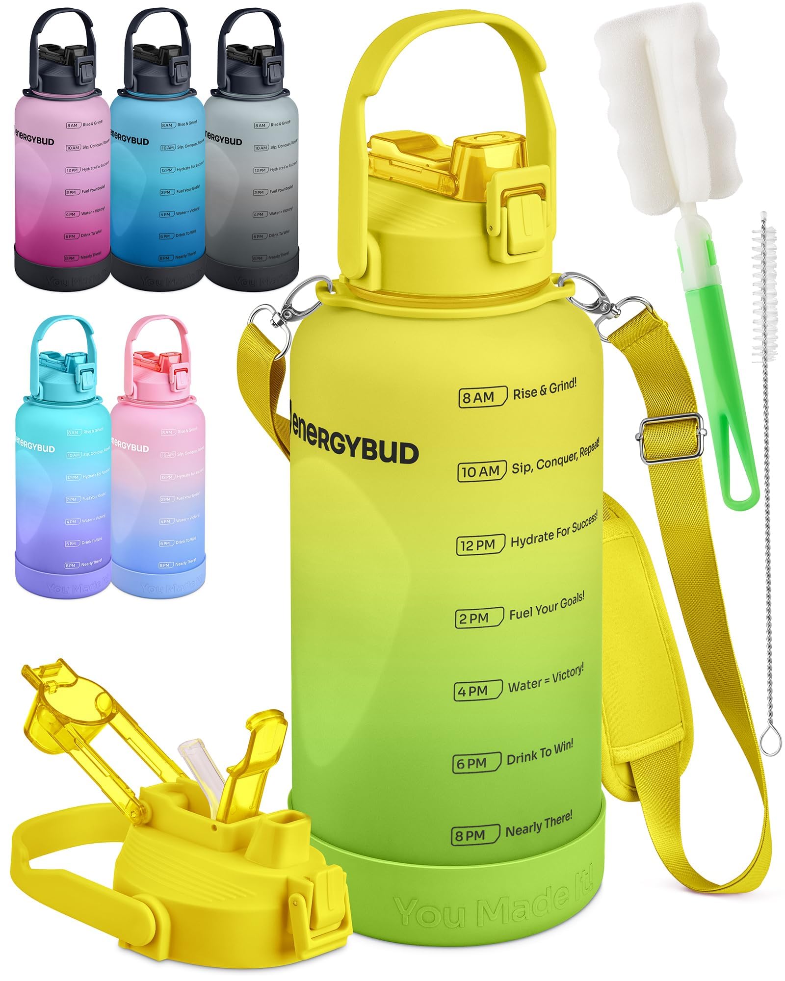 1/2 Gallon Water Bottle with 74.3 oz Capacity - Motivational Time Markers for Daily Hydration Goals - Leakproof BPA Free Tritan with Removable Straw