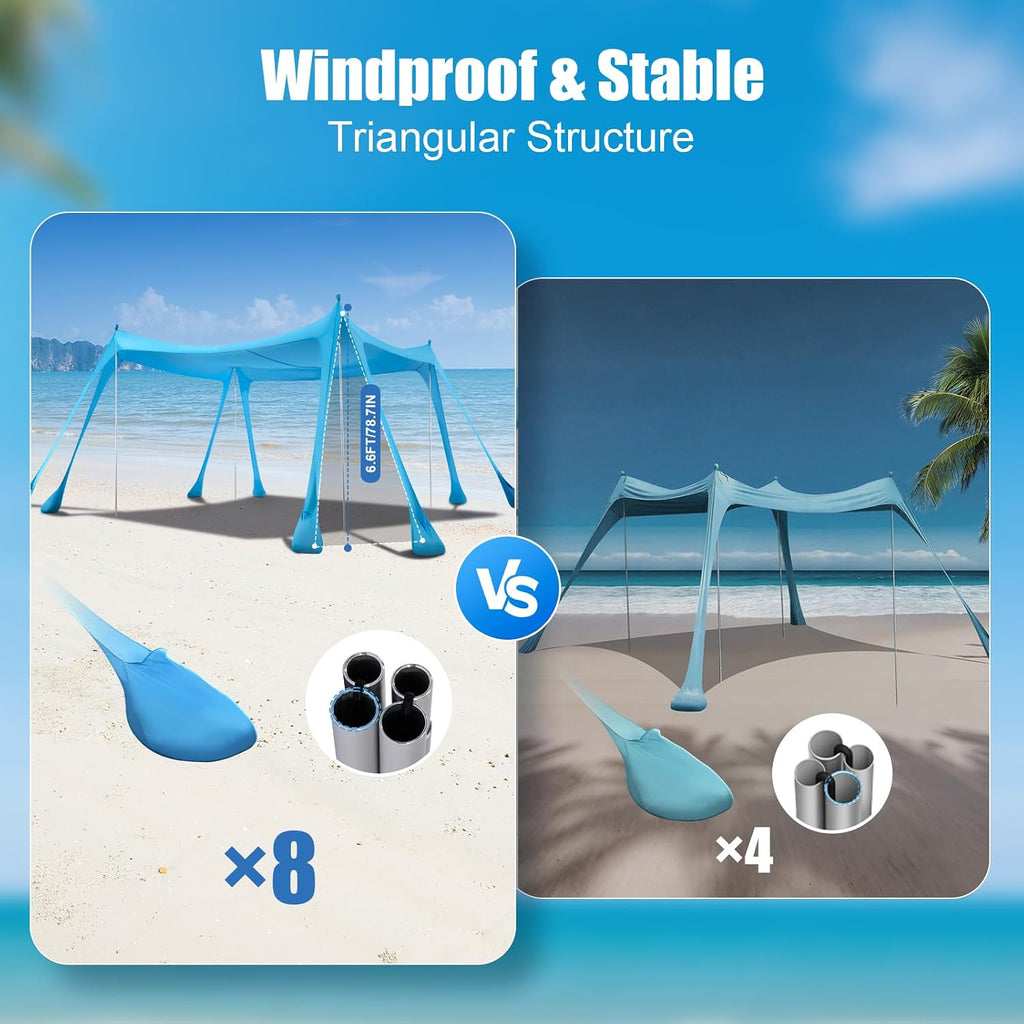 Beach Tent Sun Shelter, Beach Shade Canopy UPF50+, 10x10ft Canopy Tent with 8 Sandbags, Sand Shovels, Ground Pegs & Stability Poles, Pop Up Shade Tents for Beach, Camping, Fishing