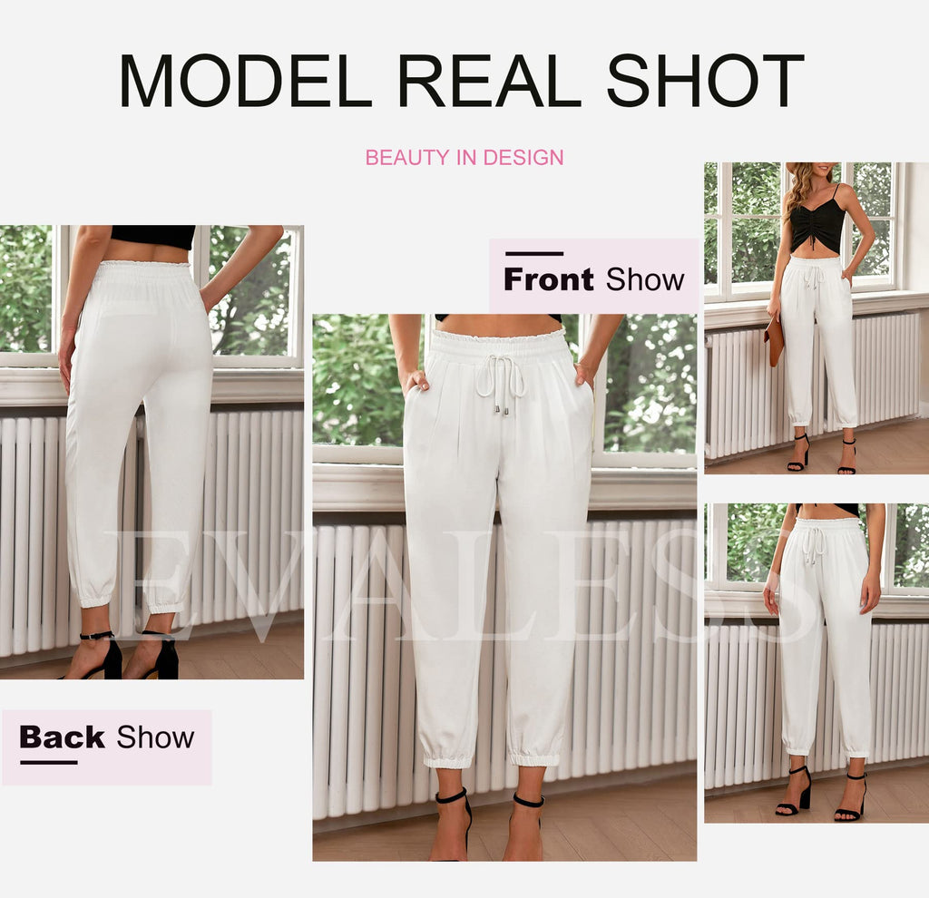 EVALESS Womens 2026 Summer Casual Pants Drawstring Elastic High Waisted Work Trousers Joggers Trendy Harem Pants with Pockets