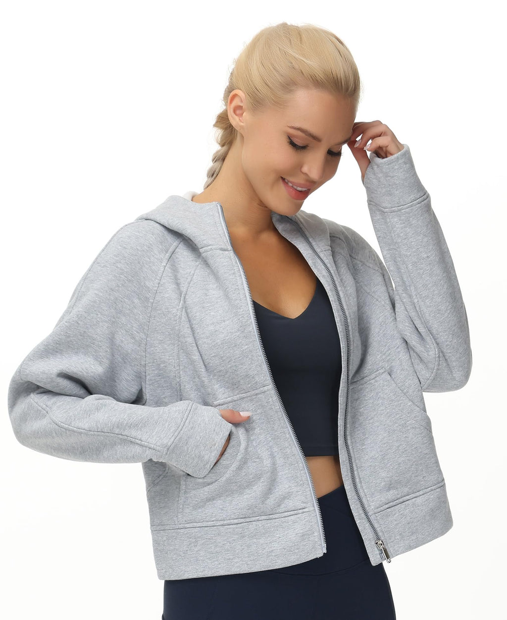 THE GYM PEOPLE Women's Full-Zip Up Hoodies Jacket Fleece Workout Crop Tops Sweatshirts with Pockets Thumb Hole