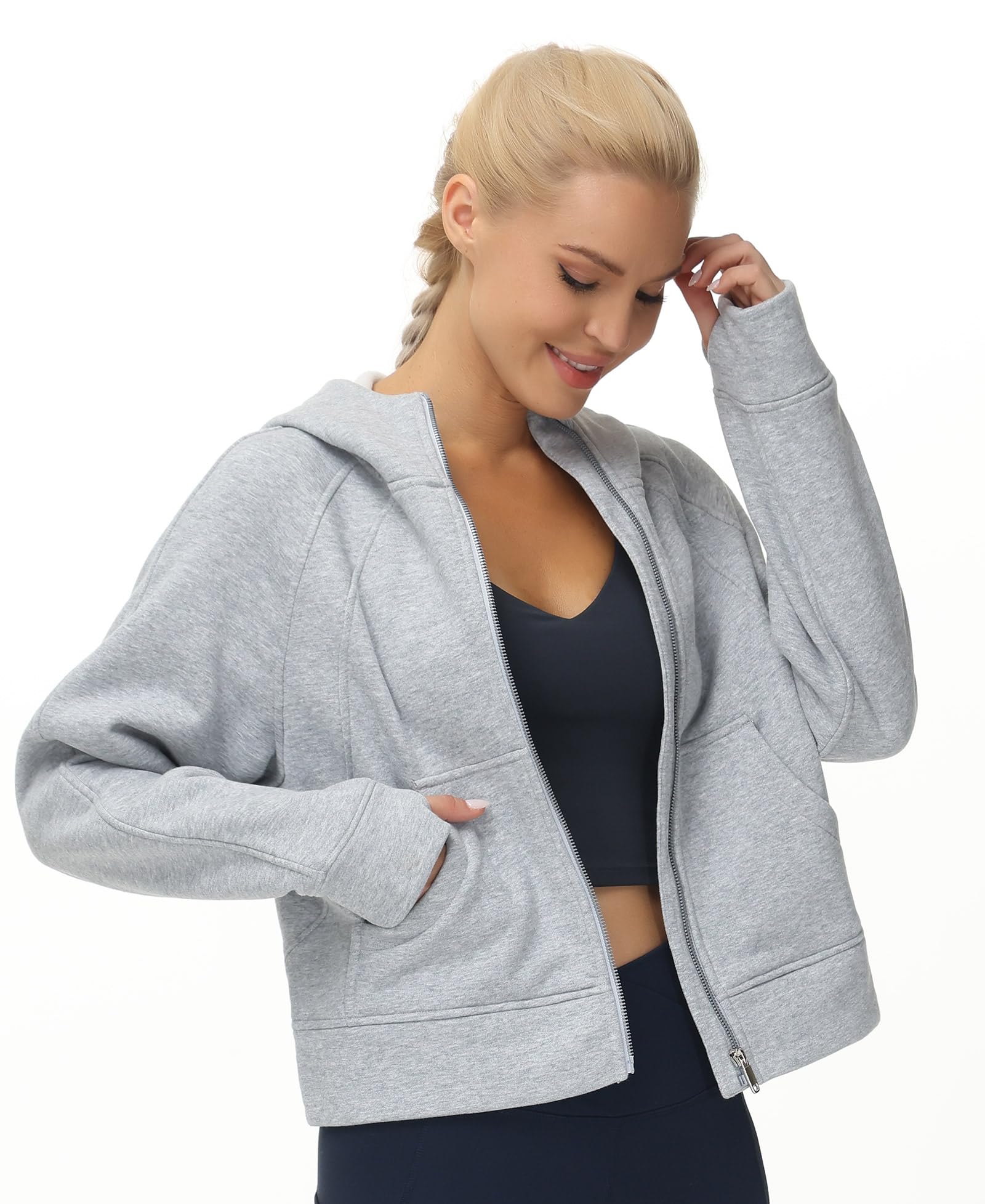 THE GYM PEOPLE Women's Full-Zip Up Hoodies Jacket Fleece Workout Crop Tops Sweatshirts with Pockets Thumb Hole