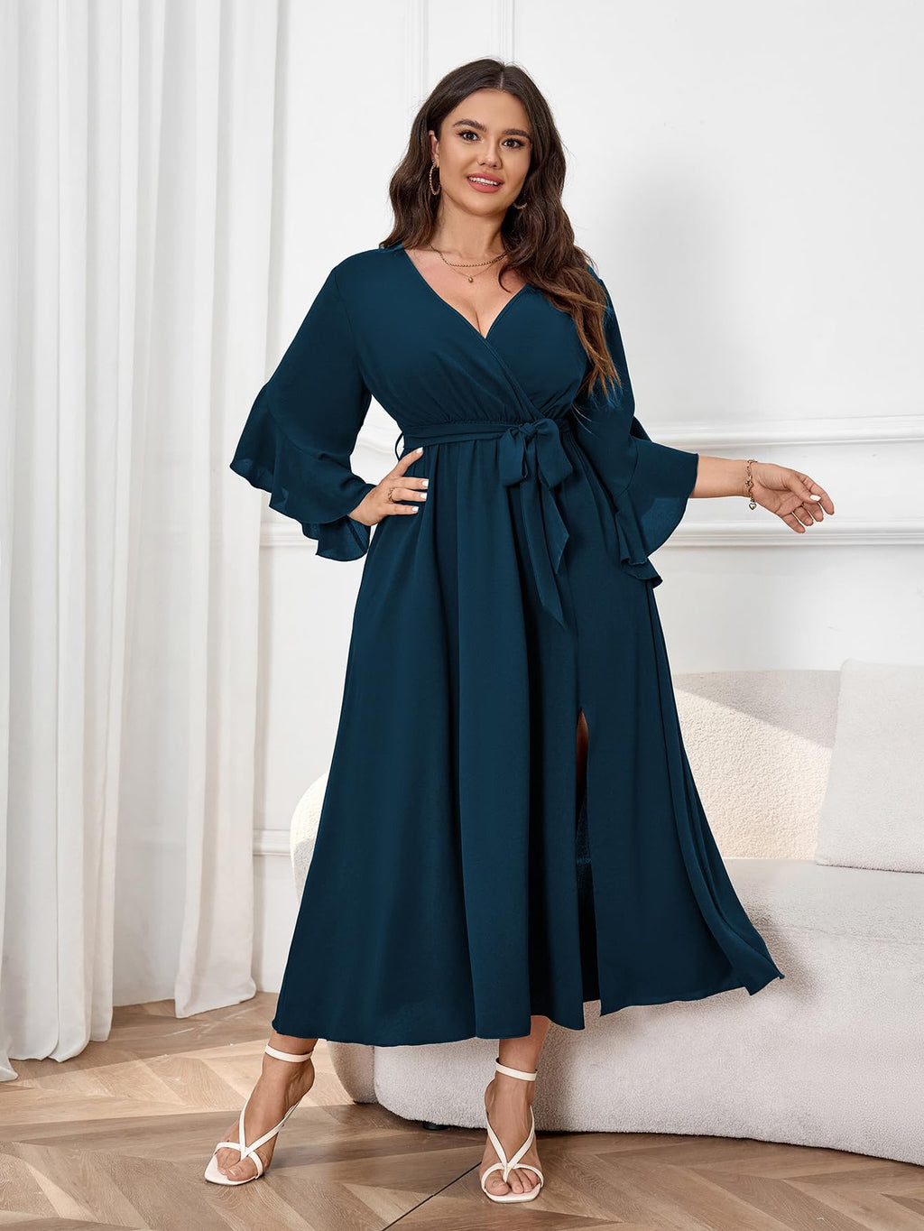Womens Plus Size Dress Wedding Guest Cocktail Ruffle Half Sleeve Wrap V Neck Slit A Line Maxi Dresses with Belt