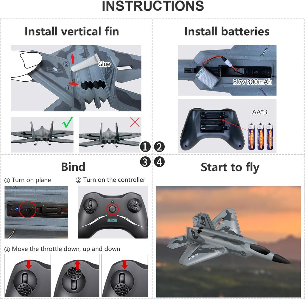 HAWK'S WORK 2 CH RC Airplane, F-22 Plane Ready to Fly, 2.4GHz Remote Control, Easy to Fly RC Glider for Kids & Beginners