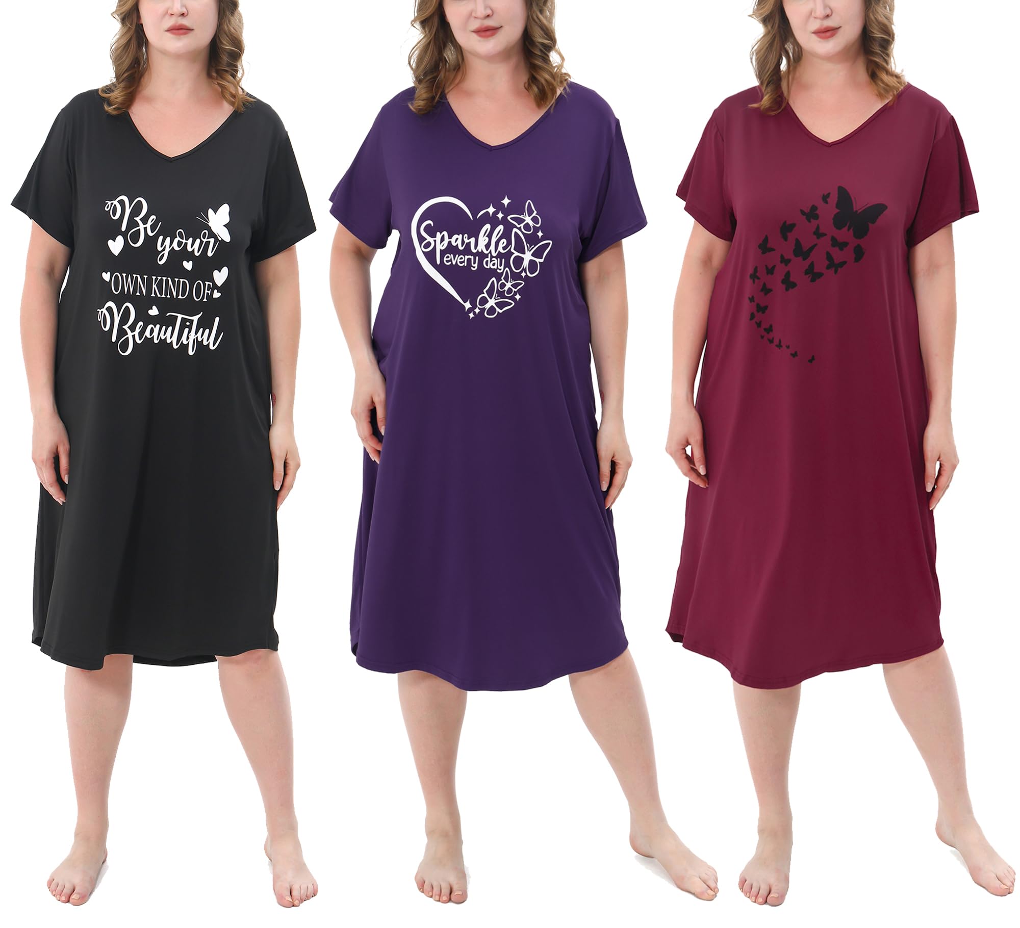 3 Pack Plus Size Women's Nightgown Soft Print Nightshirts for Women Short Sleeve Sleepwear