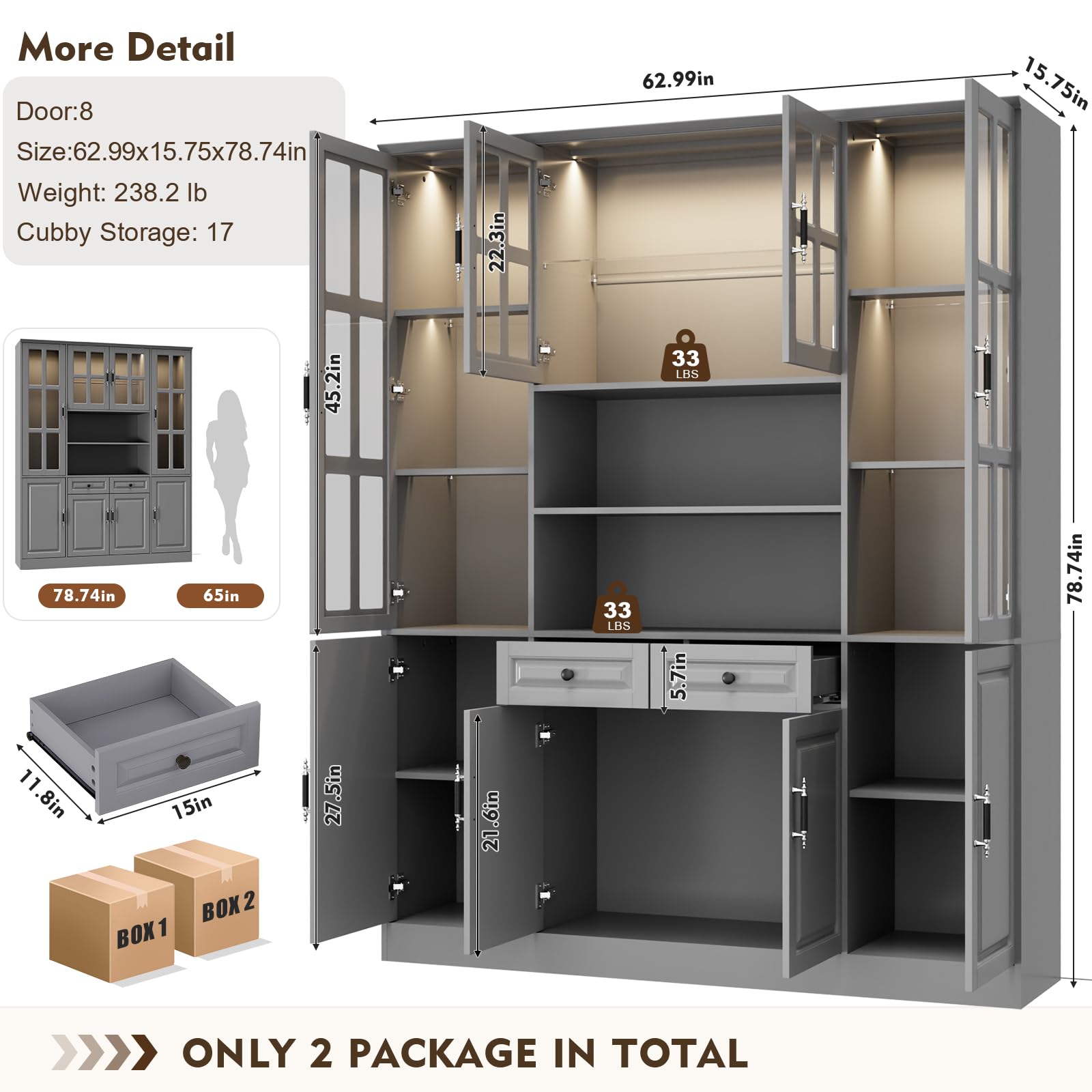 MEISSALIVVE Kitchen Pantry Storage Cabinet with LED Lights, 78.7" Tall with Glass Doors & Drawers, Freestanding Utility Cabinet, Black (31.5" W x 15.7" D)