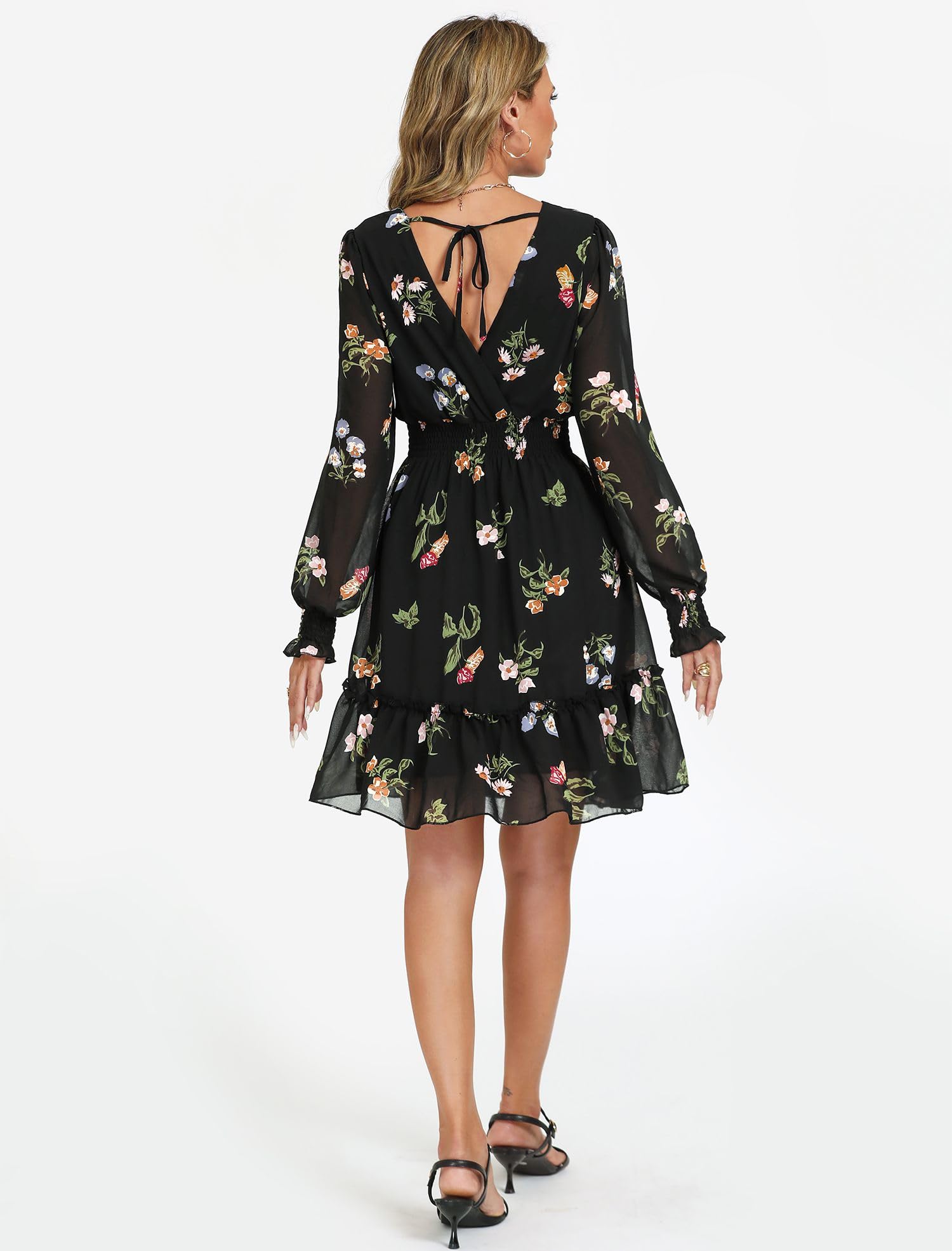 Prettywear Women's Floral Chiffon Long Sleeve Mini Dress Flowy A-Line Wrap Neck Tie Back Short Dress