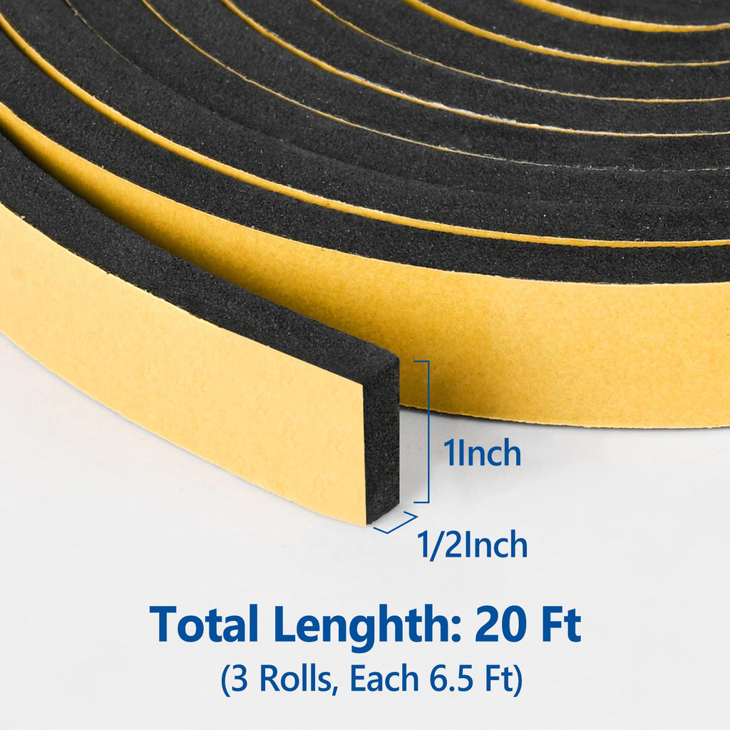 Kikerike Self Adhesive Foam Tape Weatherstrip 1In x 1/2In x 20Ft High Density Foam Insulation Strips Seal Weather Stripping with Strong Adhesive for Door and Window Sound Isolation Soundproofing