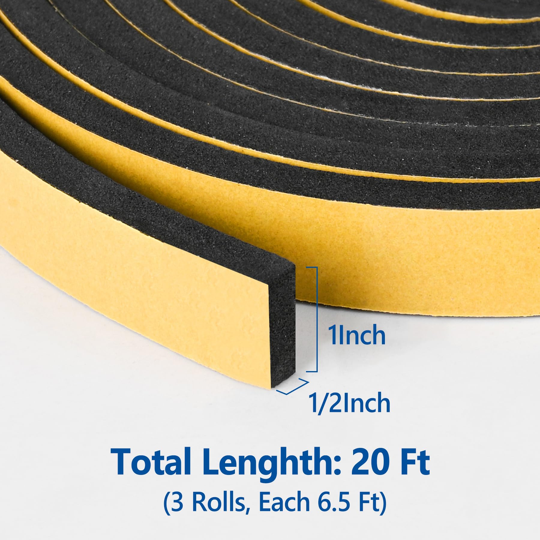 Kikerike Self Adhesive Foam Tape Weatherstrip 1In x 1/2In x 20Ft High Density Foam Insulation Strips Seal Weather Stripping with Strong Adhesive for Door and Window Sound Isolation Soundproofing