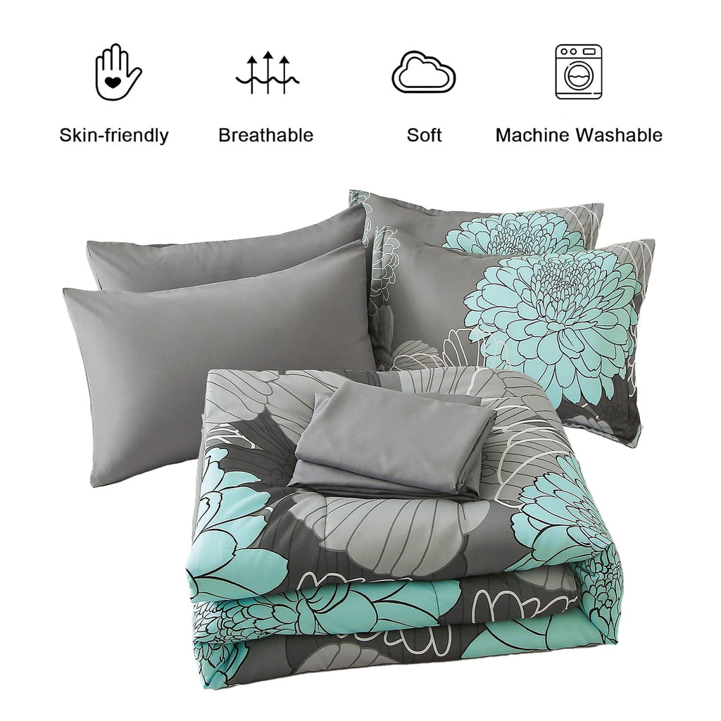 Yiran 7 Pieces Bed in a Bag Blue Floral Comforter Set Queen Size Flowers Comforter Set Soft Microfiber Bedding Set (1 Comforter 1 Flat Sheet 1 Fitted Sheet 2 Pillowshams 2 Pillowcases)