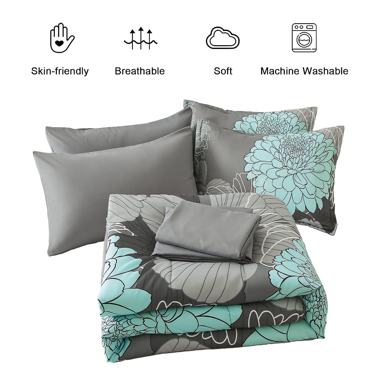 Yiran 7 Pieces Bed in a Bag Blue Floral Comforter Set Queen Size Flowers Comforter Set Soft Microfiber Bedding Set (1 Comforter 1 Flat Sheet 1 Fitted Sheet 2 Pillowshams 2 Pillowcases)