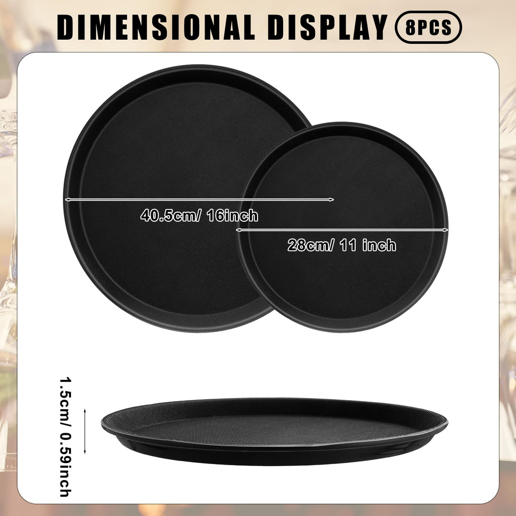 Zopeal 2 Pieces Black Round Restaurant Serving Tray, Plastic Non Slip Surface Food Meals Server Tray with Raised Edges for Home, Kitchen, Restaurant, Cafeteria, Bar (11")