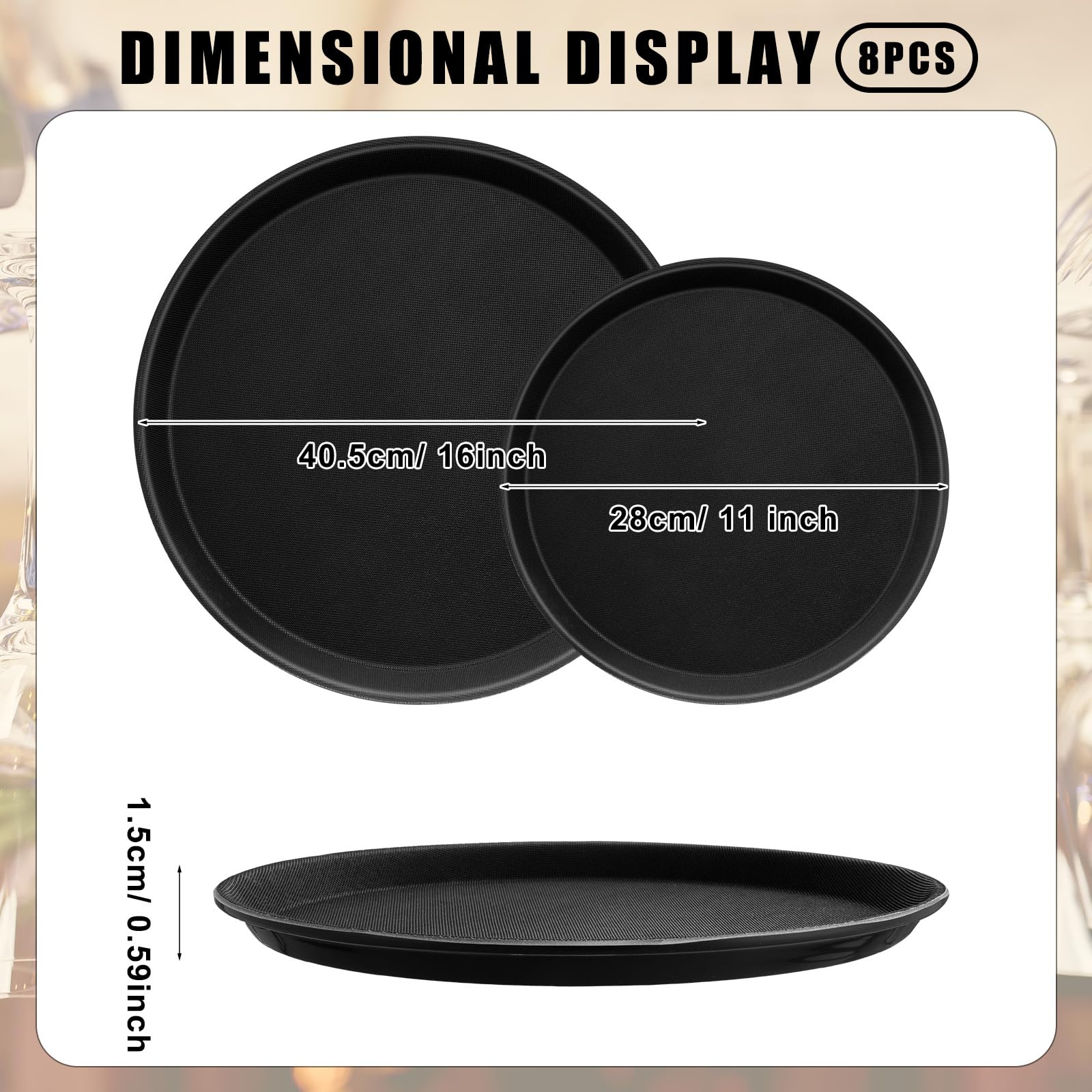 Zopeal 2 Pieces Black Round Restaurant Serving Tray, Plastic Non Slip Surface Food Meals Server Tray with Raised Edges for Home, Kitchen, Restaurant, Cafeteria, Bar (11")