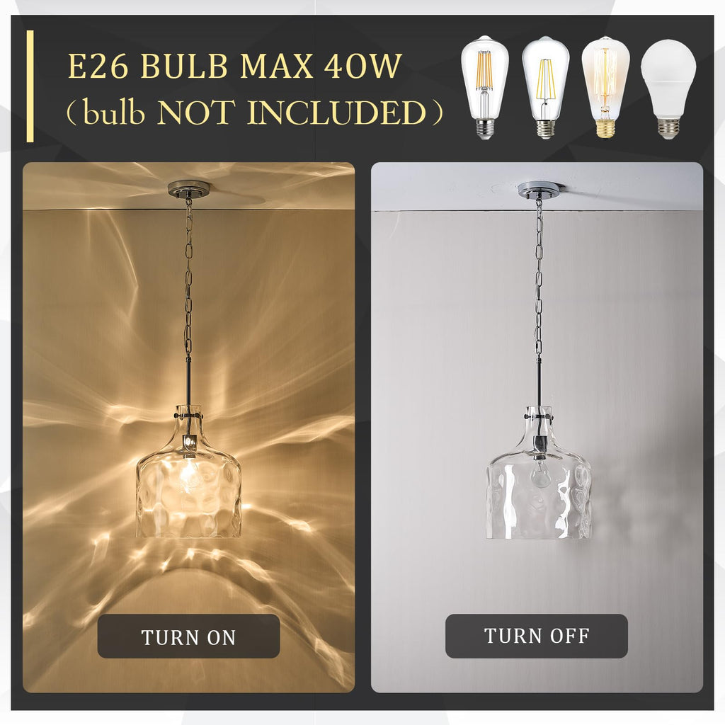 Glass Large Pendant Lights for Kitchen Island Blown Glass Pendant Light Clear Hammered Shade Hanging Ceiling Lights with Black Finish for for Kitchen Island, Sink, Hallway, Living Room 11 inch