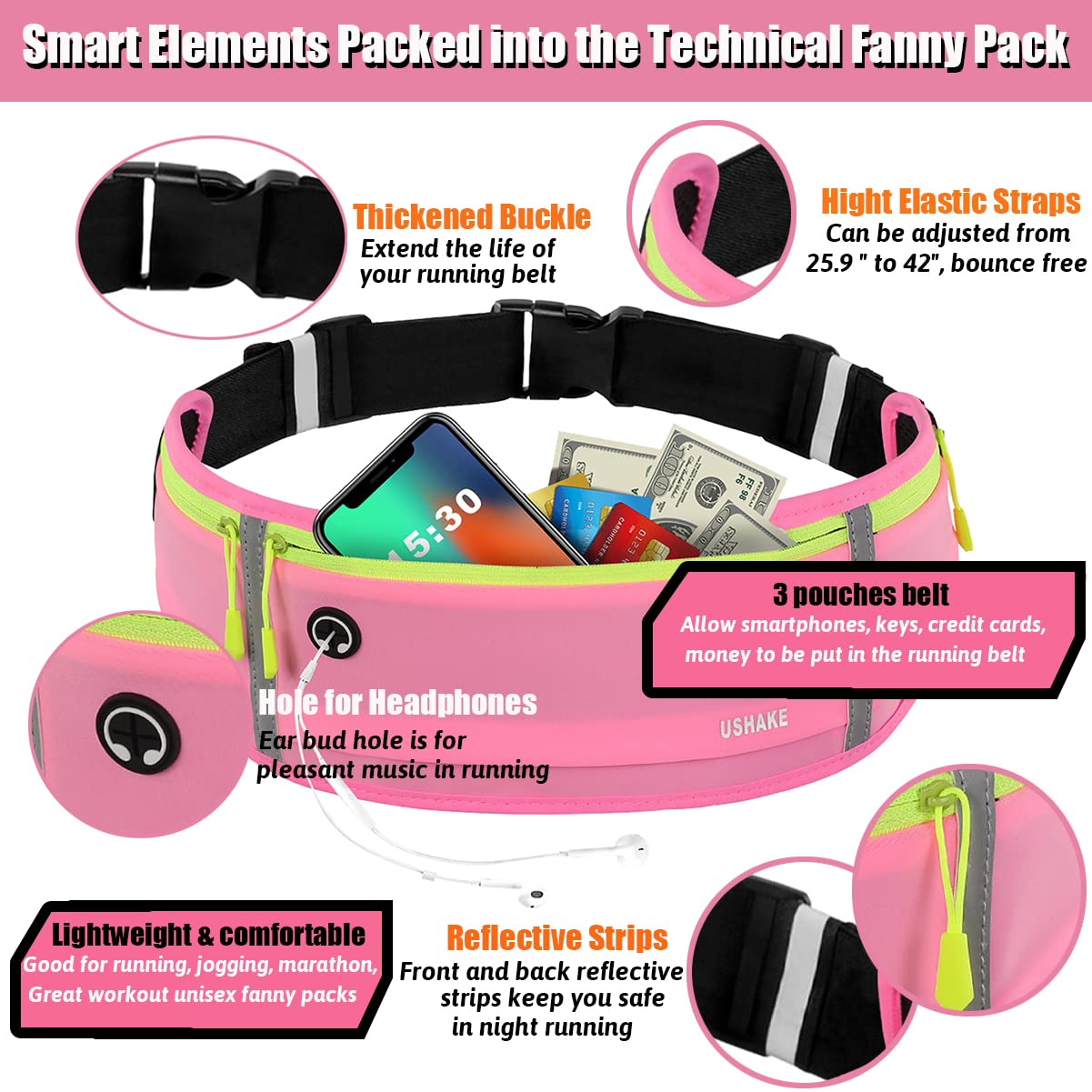 USHAKE Slim Running Belt, Workout Fanny Pack for Men Women,Exercise Waist Pack for Apple iPhone Holder, Runner Belt for Running Walking Cycling Camping Gym Black