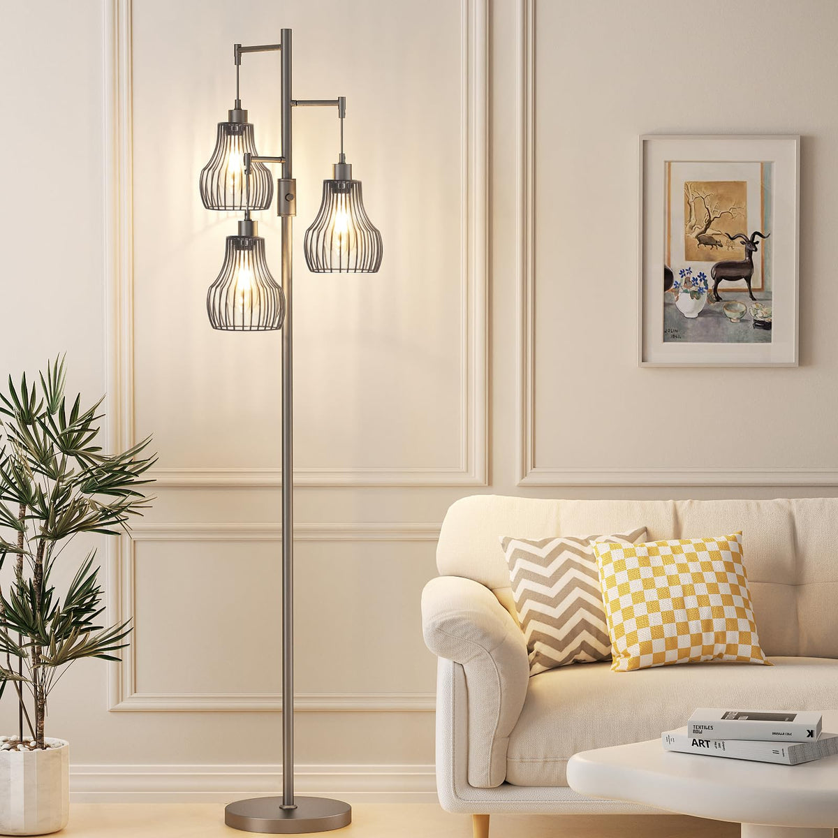 Ziisee Dimmable Floor Lamps for Living Room, Industrial Tree Standing Tall Lamps with 3 Elegant Cage Shade & 800 Lumens LED Bulbs for Bedroom Office - Brown