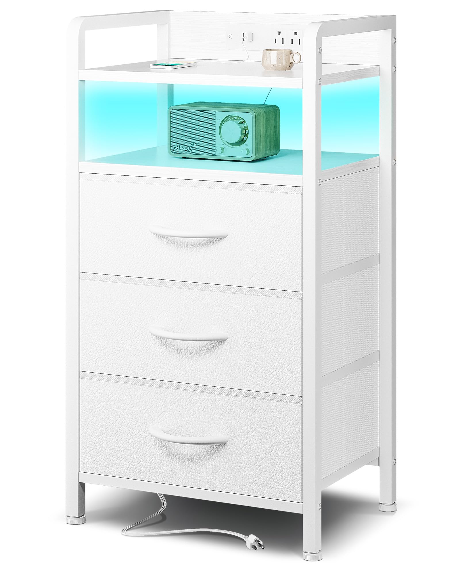 Lazzanto Night Stand Bedside Charger Bedroom - Nightstand with Charging Station & LED Light Strip, Night Stand with Storage Shelf & 2 Fabric Drawers, Morden End Table with U-S-B Ports & AC Outlets