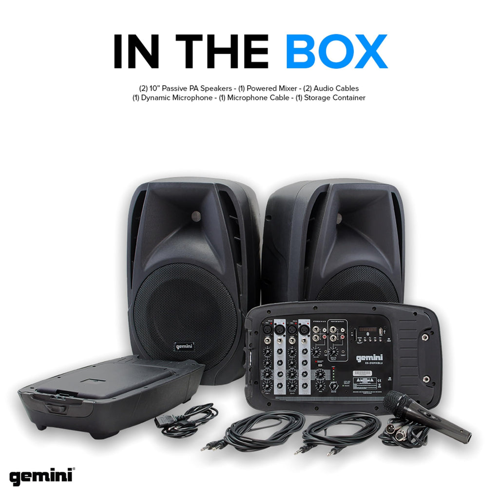 Gemini Dual 10" Powered PA System & Stands, 600W (ES-210MXBLU-ST) | Dual 10" PA with tripod stands - 6-channel powered mixer, 4 mic in - Bluetooth, USB - mic included