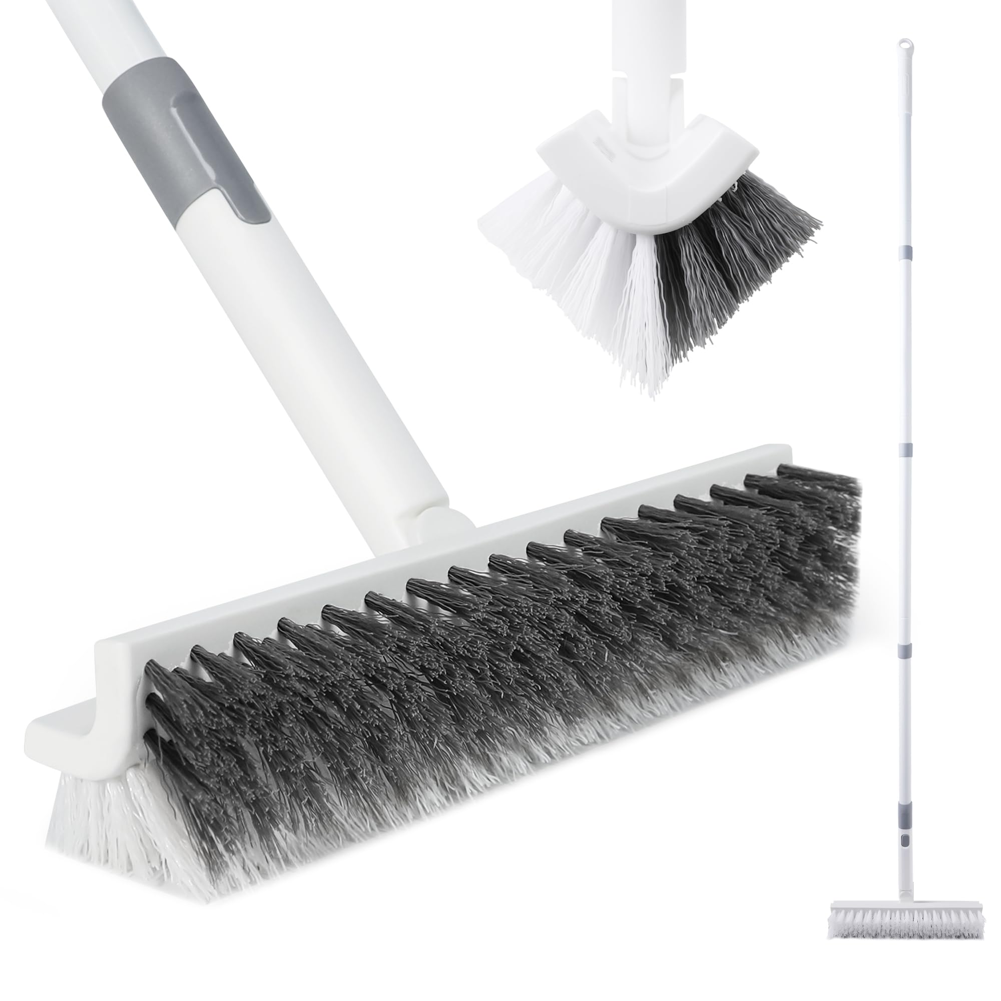 BOOMJOY Floor Scrub Brush with 57" Long Handle, 12" Wide Head, 2 in 1 Scrape and Brush, Stiff Bristle for Cleaning Bathroom, Patio, Kitchen, Tile, Wall and Deck
