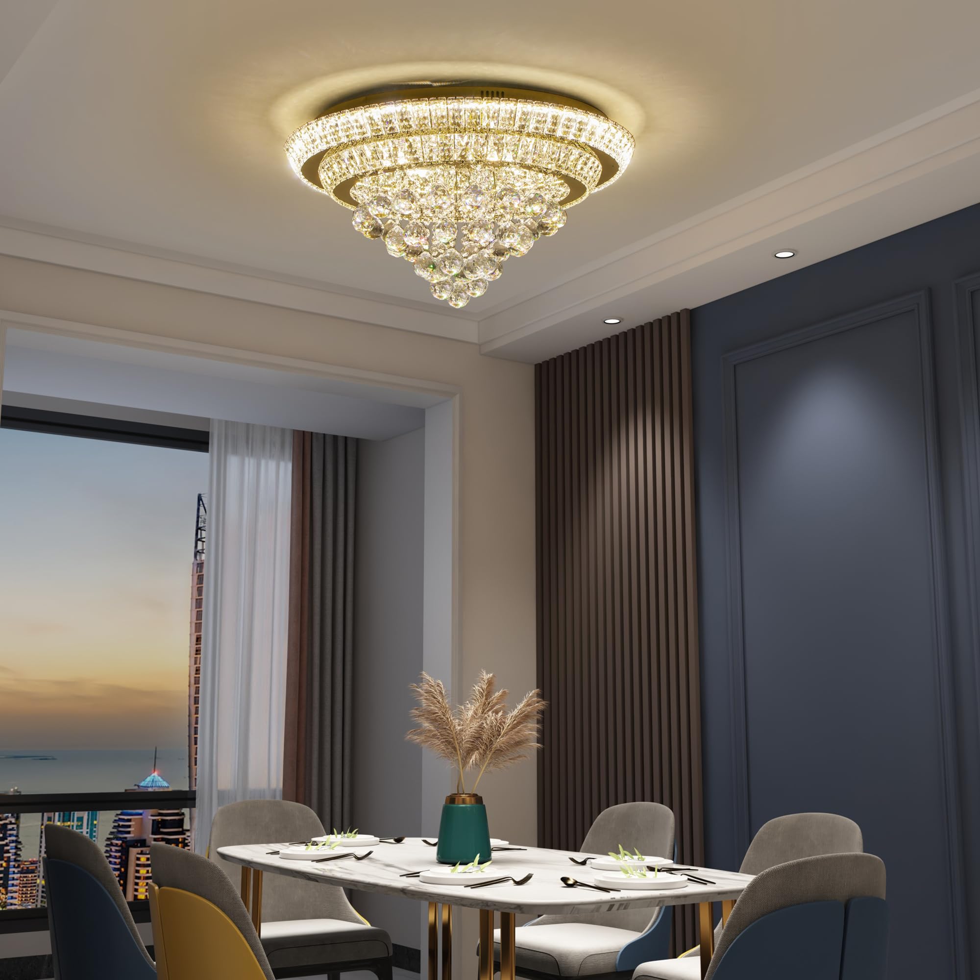 COCOSTAR 20" Gold Crystal Chandeliers, Flush Mount Chandelier LED Ceiling Light, Modern Crystal Raindrop Chandeliers for Dining Room, Living Room, Bedroom