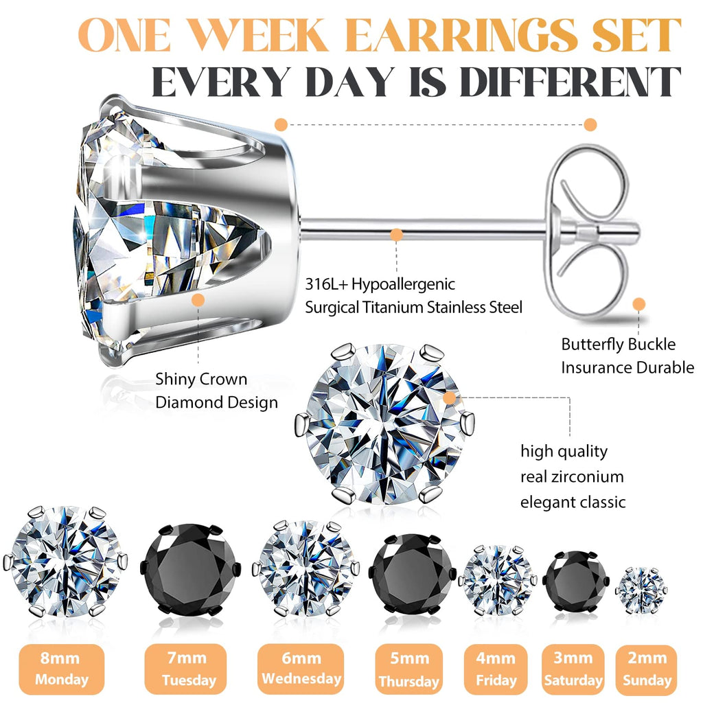 Silver Gold Black Stud Earrings Set 7Pairs Hypoallergenic Cubic Zirconia Titanium Stainless Steel Silver Rose Gold Black CZ Cartilage Stud Earrings Jewelry Sets for Women Men, 2-8mm CZ Stud Earrings