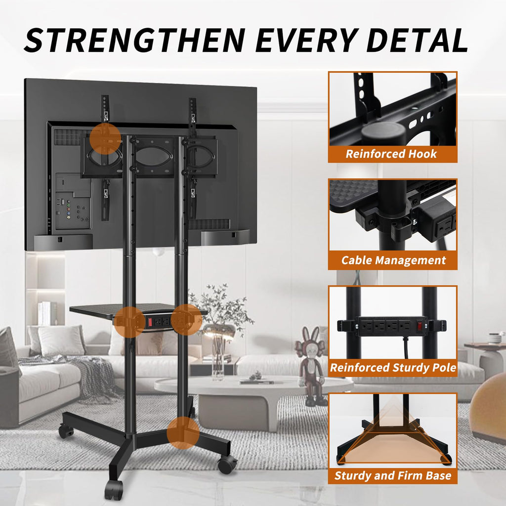 Solid Grace Rolling TV Stand with Power Outlet for 32-75 Inch TVs up to 88lbs, Portable TV Stand with Shelf, Mobile TV Cart for Living Room, Office, Meeting Room, Outdoor(with Power Outlet+Shelf)