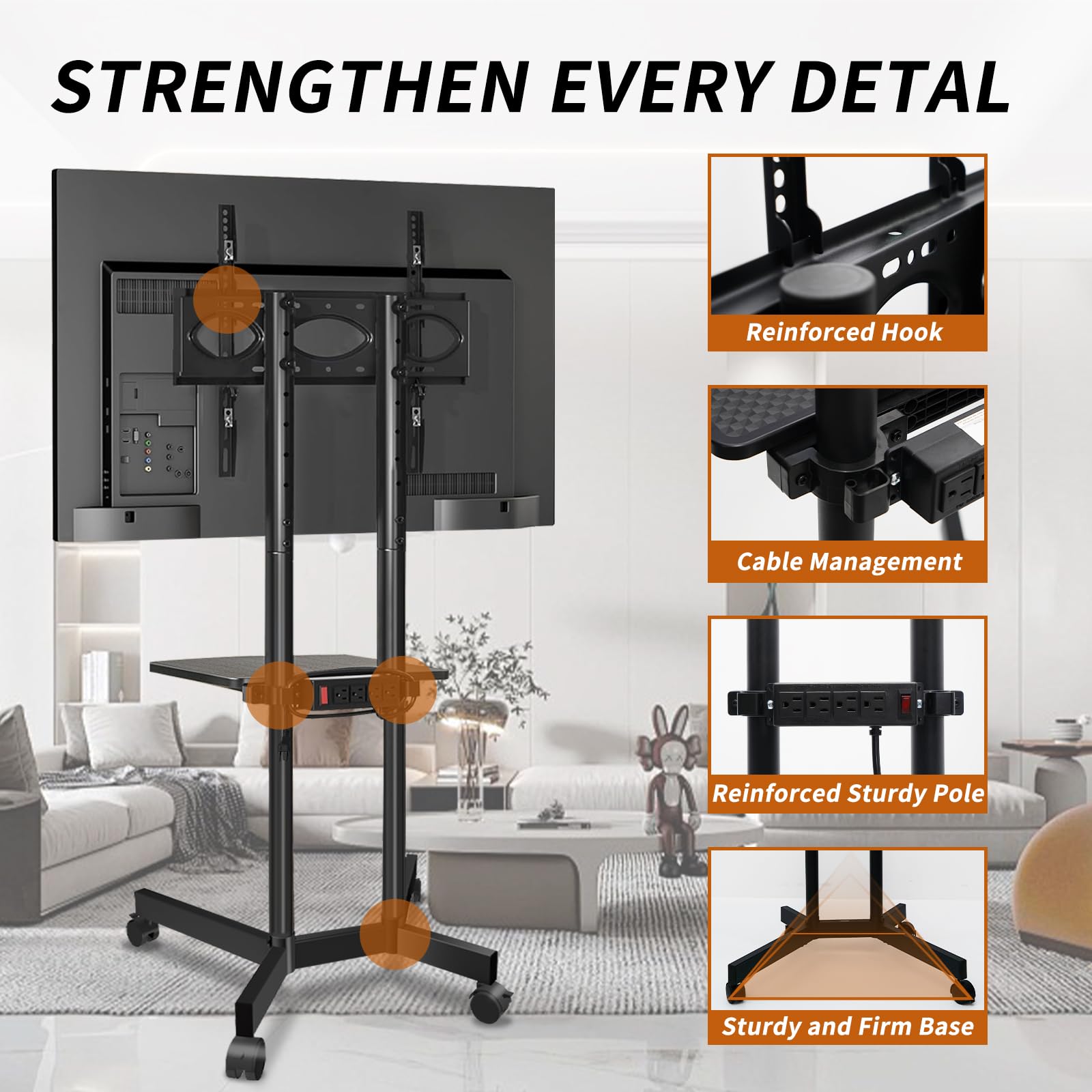 Solid Grace Rolling TV Stand with Power Outlet for 32-75 Inch TVs up to 88lbs, Portable TV Stand with Shelf, Mobile TV Cart for Living Room, Office, Meeting Room, Outdoor(with Power Outlet+Shelf)