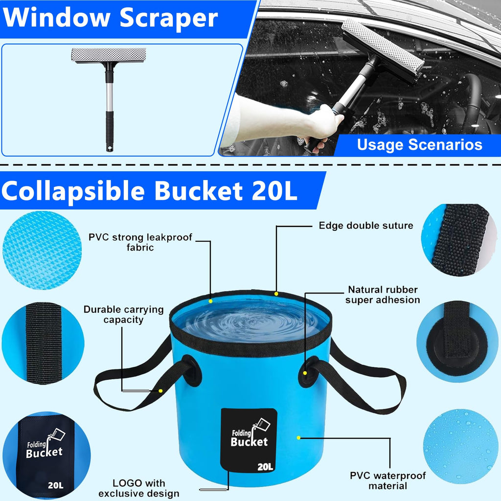 THINKWORK Car Wash Kit, Car Detailing Kit with Foam Gun, Car Wash Brush Mop and Large Folding Bucket Suitable for Car Cleaning, Blue Car Wash Set Gift for Men and Women