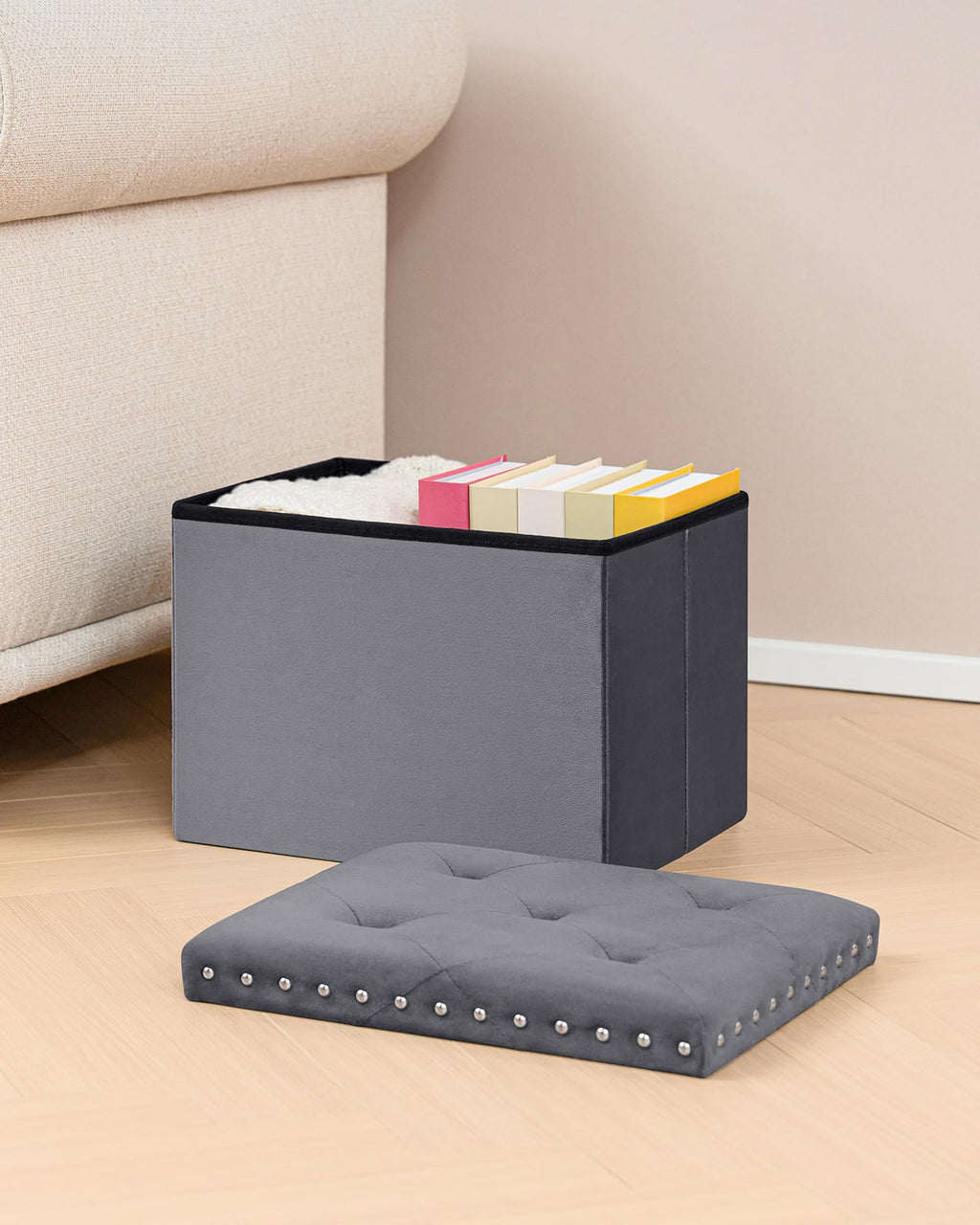 B FSOBEIIALEO Storage-Ottoman Cube-Folding Tufted - Ottomans with Storage, Coffee Table Top Cover, Storage Boxes Footrest Stool for Bedroom, Luxury Velvet Fabric 15.7 Inches Black
