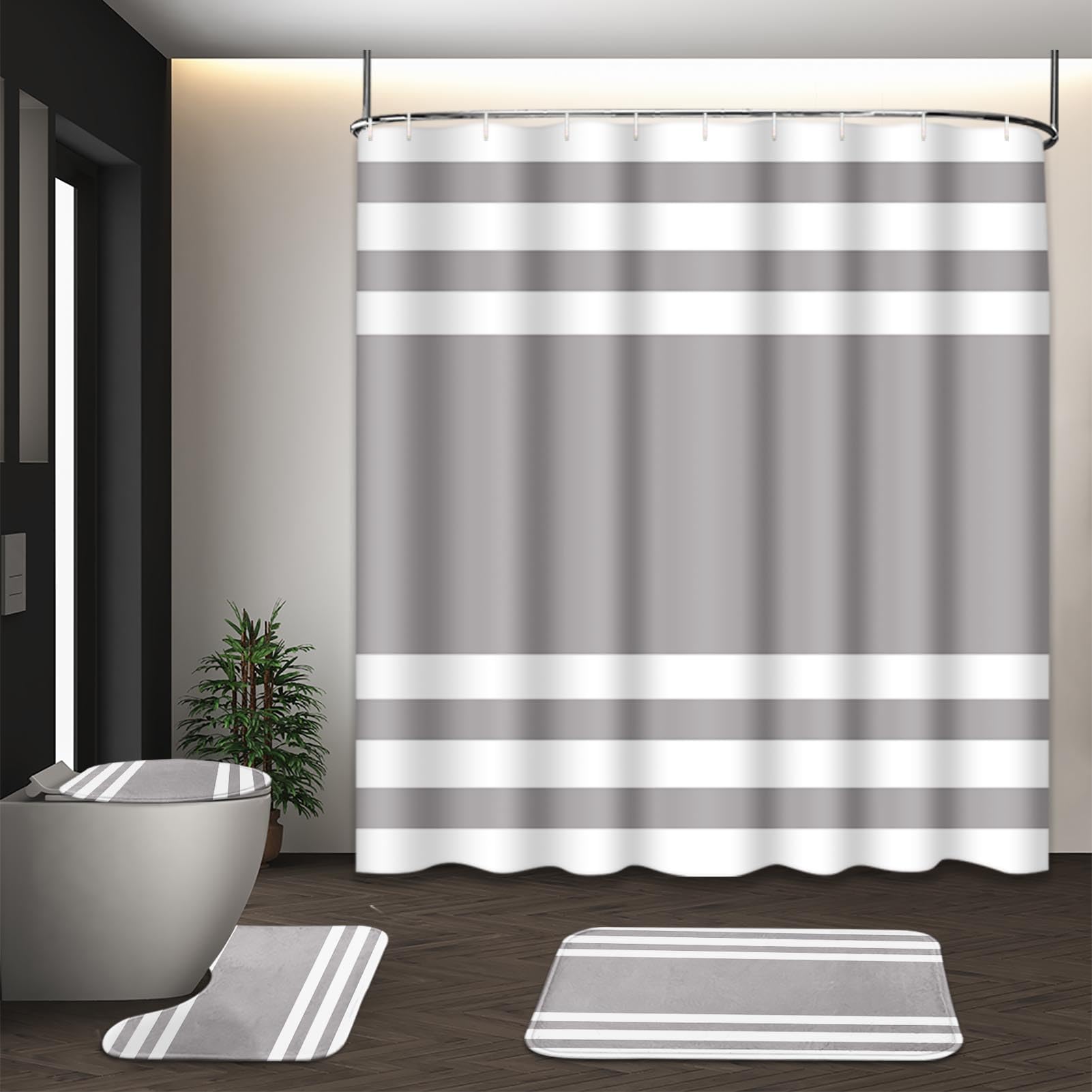 Beige Geometric Shower Curtain Set with Toilet Lid Cover and Non-Slip Rugs for Bathroom, Black Grey White Checkered 4 Pcs Shower Curtain, Modern Abstract Bathroom Set with 12 Hooks
