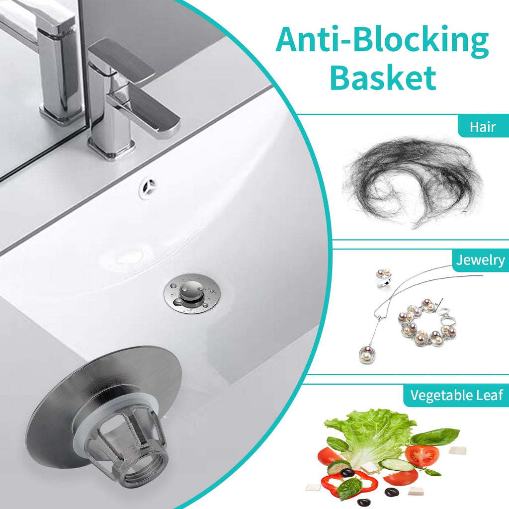 Universal Bathroom Sink Stopper with Hair Catcher, for 1.04-1.97 Inch Drain Hole, Spring Core Bathtub Drain Cover, Pop Up Sink Plug Basin Drain Strainer, Large Lid Black