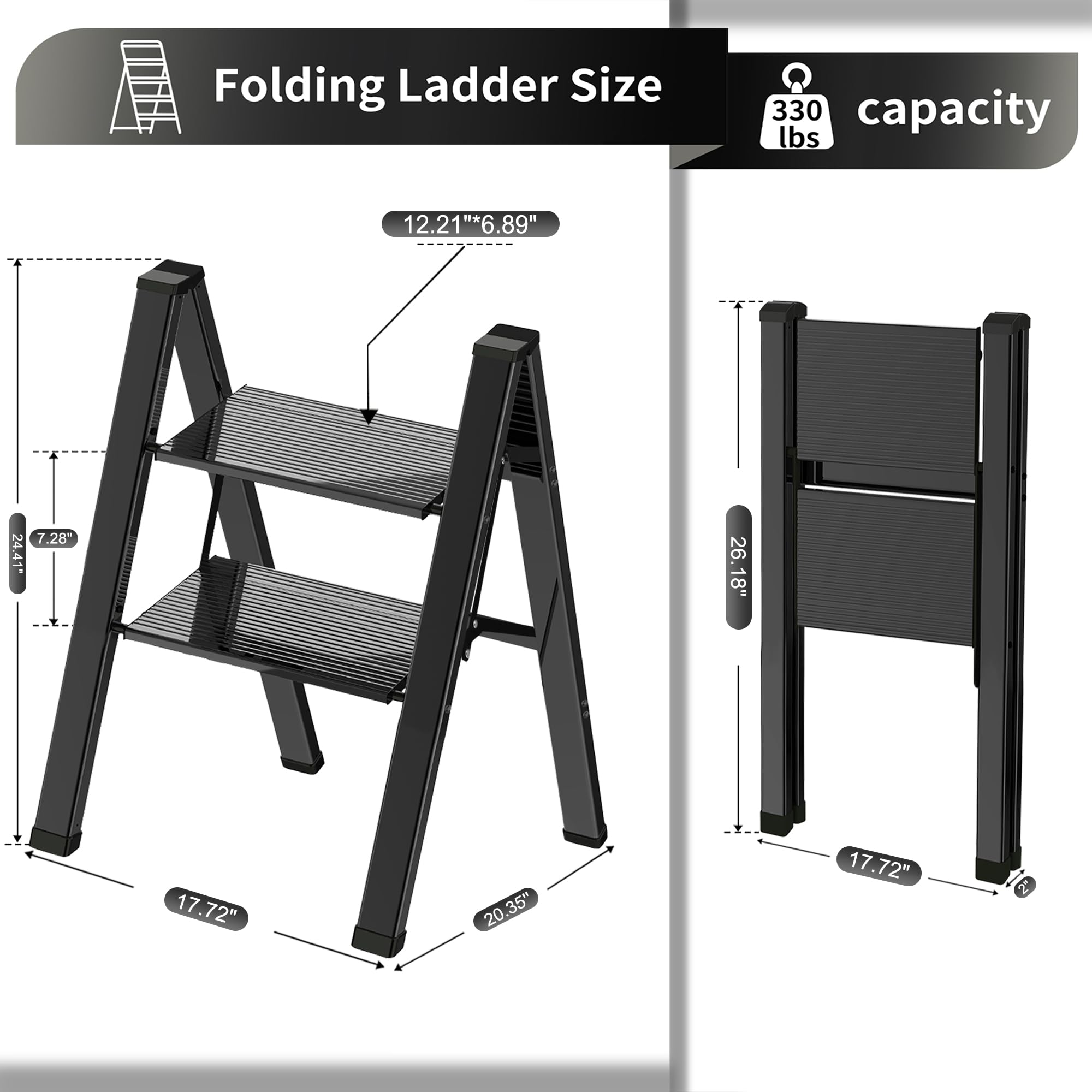 2 Step Lightweight Folding Ladder for Home, 330lbs Aluminum Step Ladder Anti-Slip for Kitchen, Step Stool Foldable Adults for Closet, 330lbs - Black