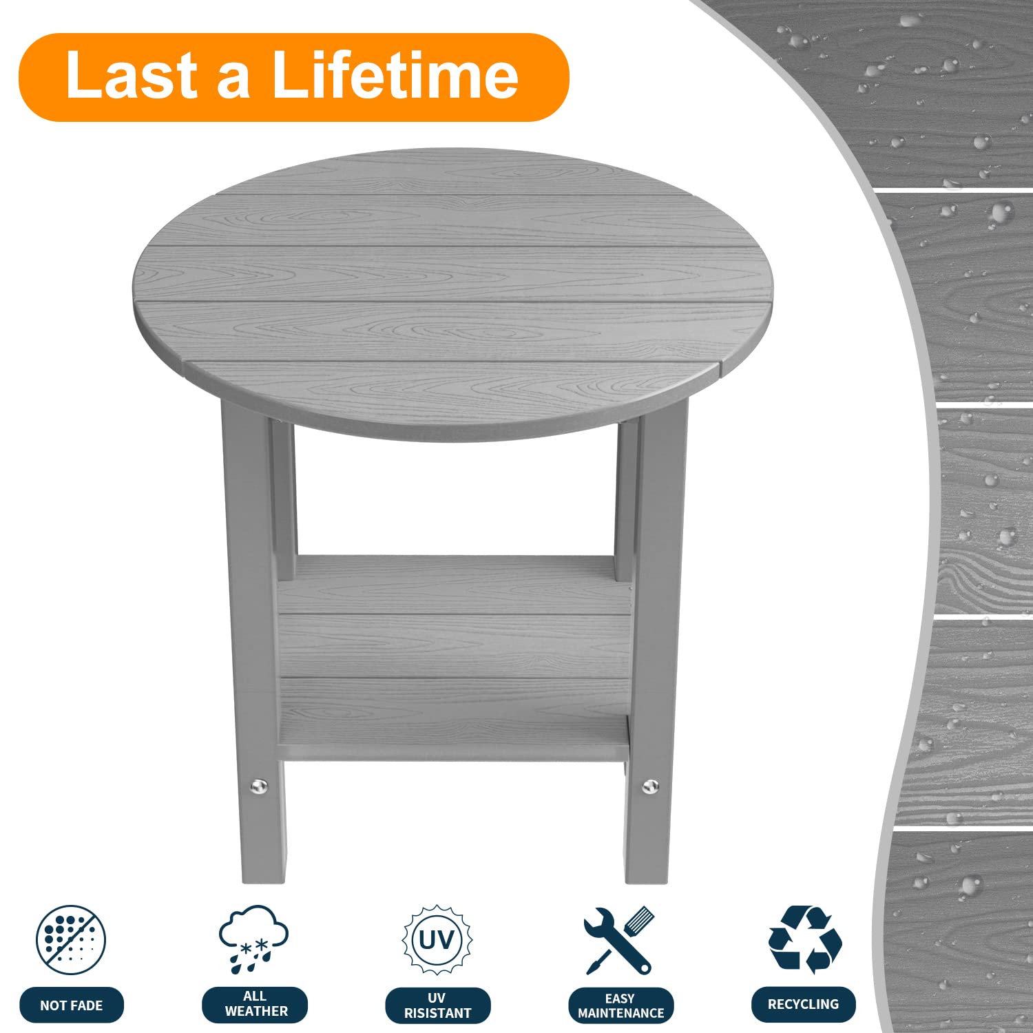 MXIMU Round Outdoor Side Table Adirondack Tables 18 Inch Chairside End Tables with Storage Shelf, 2-Tier Plastic Patio Side Table for Balcony Backyard Lawn (Black, 1 Pack)