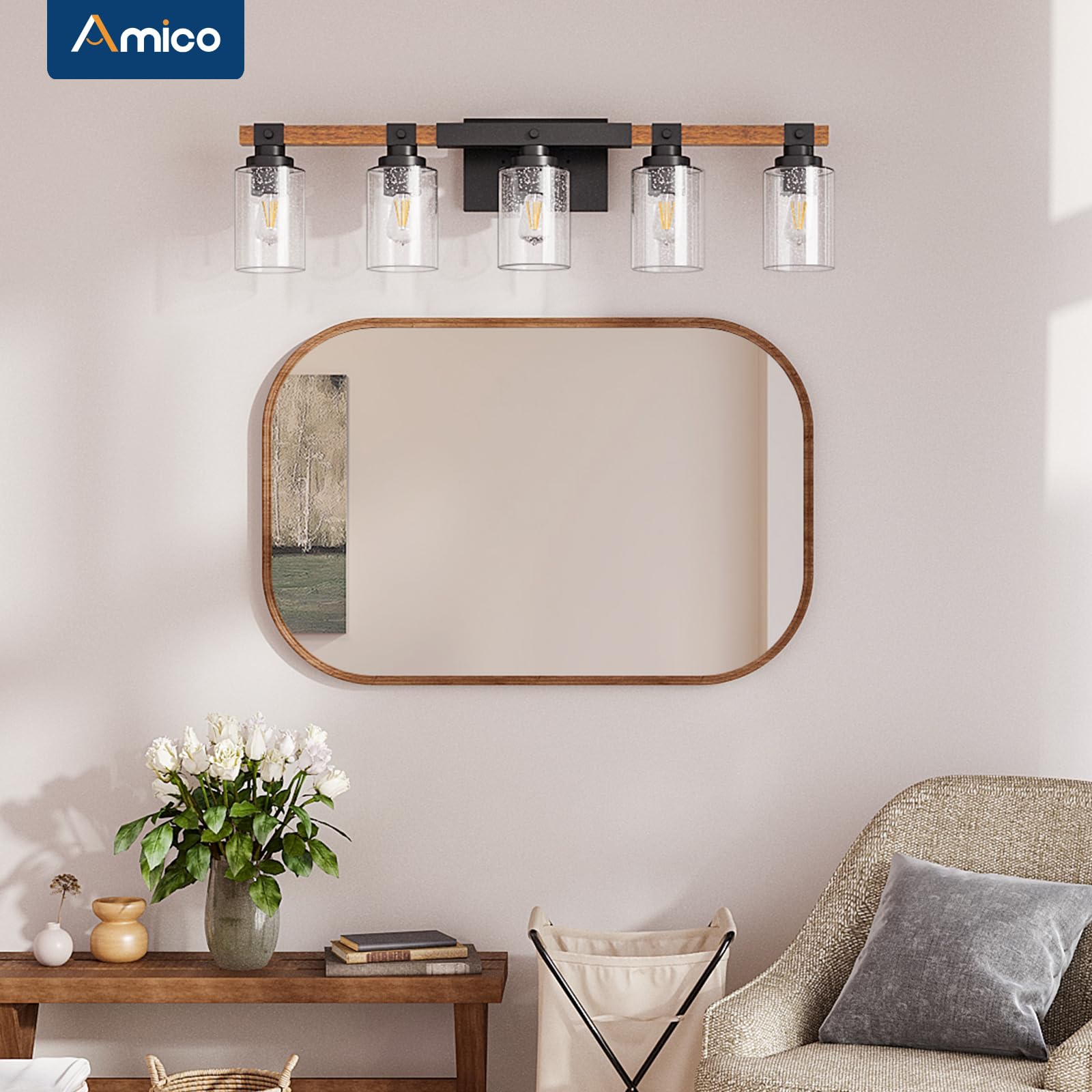 Amico 3-Light Farmhouse Vanity Light Fixture, Rustic Wood Bathroom Light Fixtures, Industrial Vintage Black Wall Sconces Lights with Bubble Glass Shade for Mirror, Bedroom, Living Room, Hallway