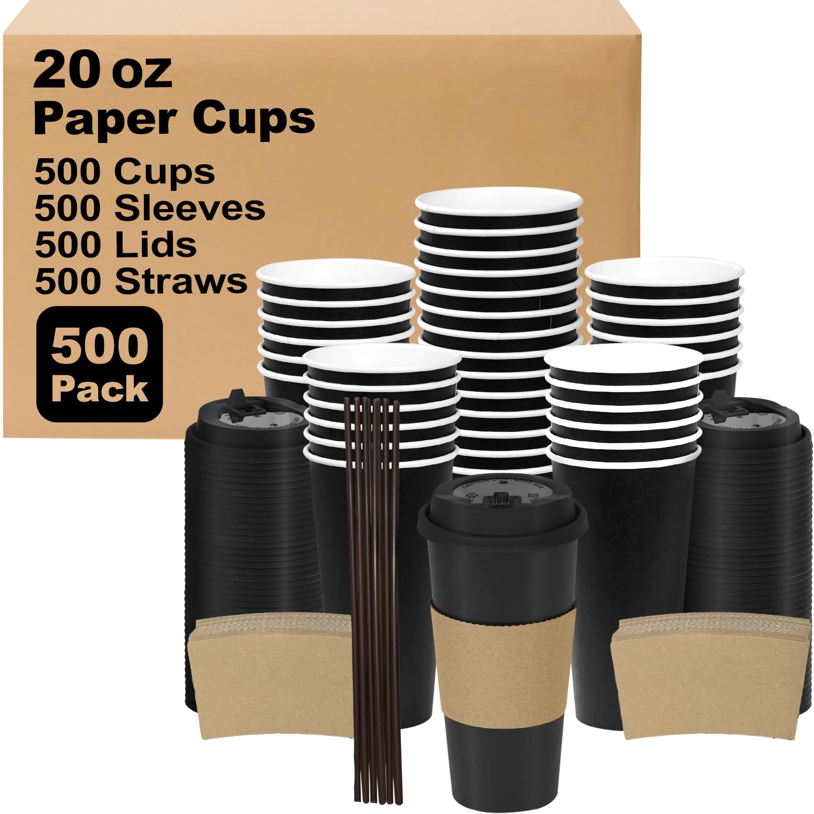 16 oz 100 Pack Corrugated Ripple Wall Disposable Coffee Cups with Lids and Straws, Heavy Duty Insulated Cups for Hot Beverage or Cold Drinks, Bulk for Restaurants, Offices, Coffee Shops(Black)