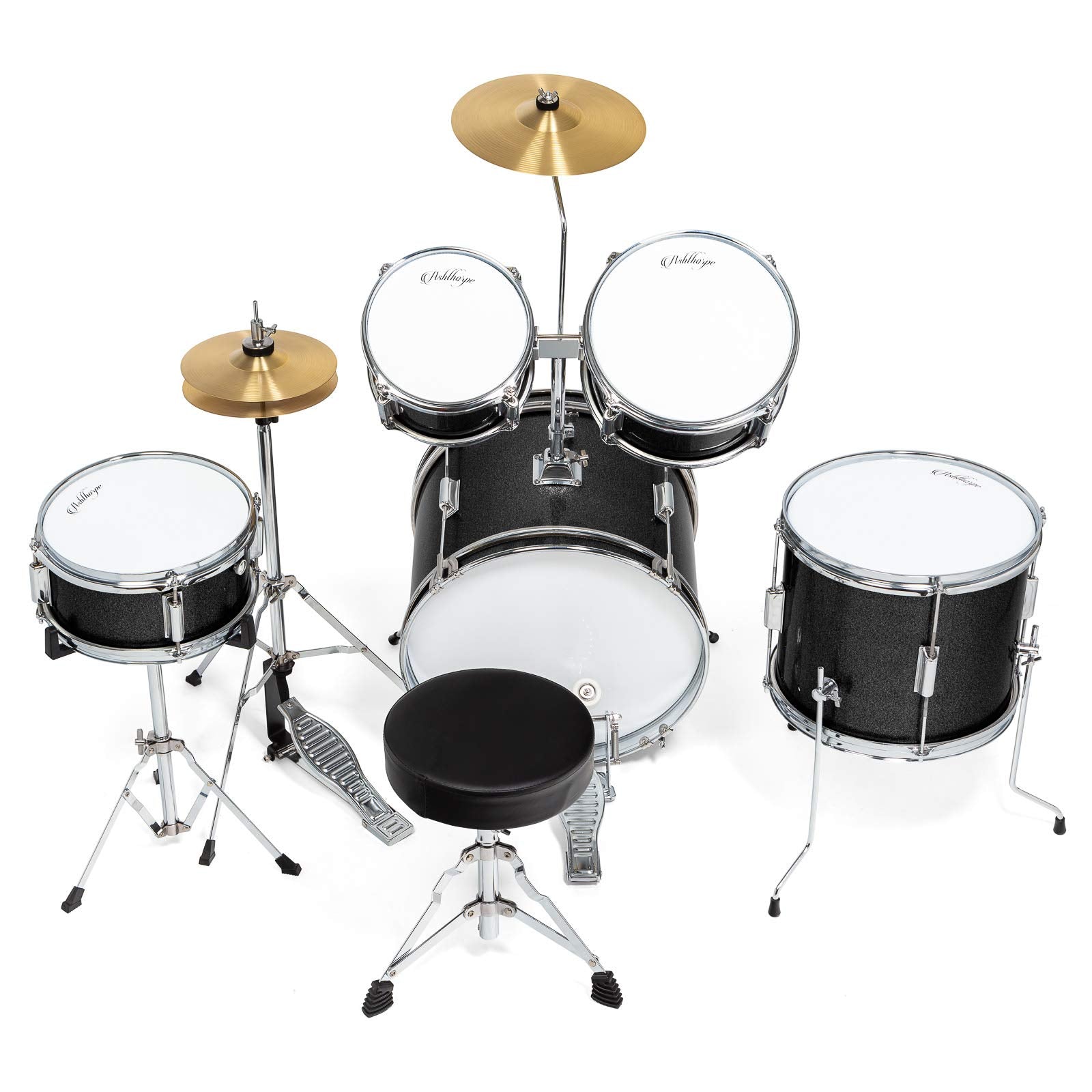 Ashthorpe 5-Piece Complete Kids Drum Set with Genuine Brass Cymbals - Junior Beginner Kit with 16" Bass, Throne, Hi-Hats, Pedals & Drumsticks - Black