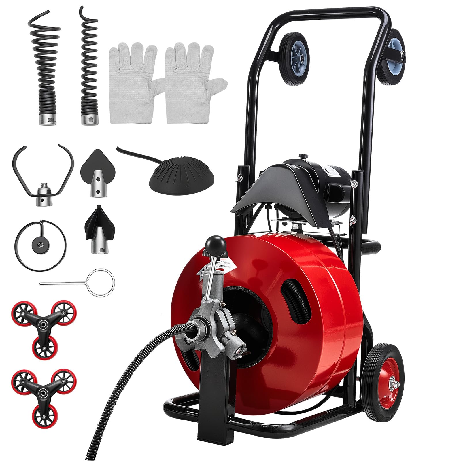 VEVOR 50FT x 1/2Inch Sewer Snake Machine, Drain Cleaning Machine on 4 Wheels, Electri Drain Auger with 4 Cutters & Foot Switch for 1''- 4'' Pipes