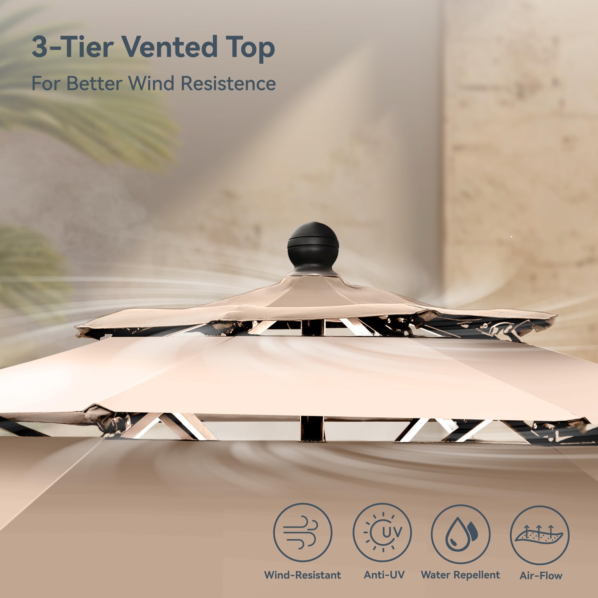 PHI VILLA 10ft Patio Umbrellas, Outdoor 3 Tier Vented Large Market Table Umbrella with 8 Sturdy Ribs and 1.5" Umbrellla Pole for Lawn Poolside Garden Terrace, Beige(No Base)