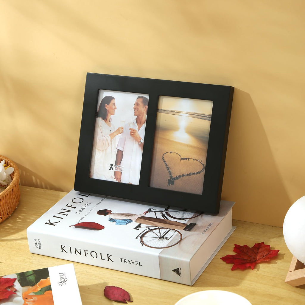 4x6 2-Opening Collage Frame Black Wood | Two 4x6 openings, shatter-resistant glass, tabletop & wall mount