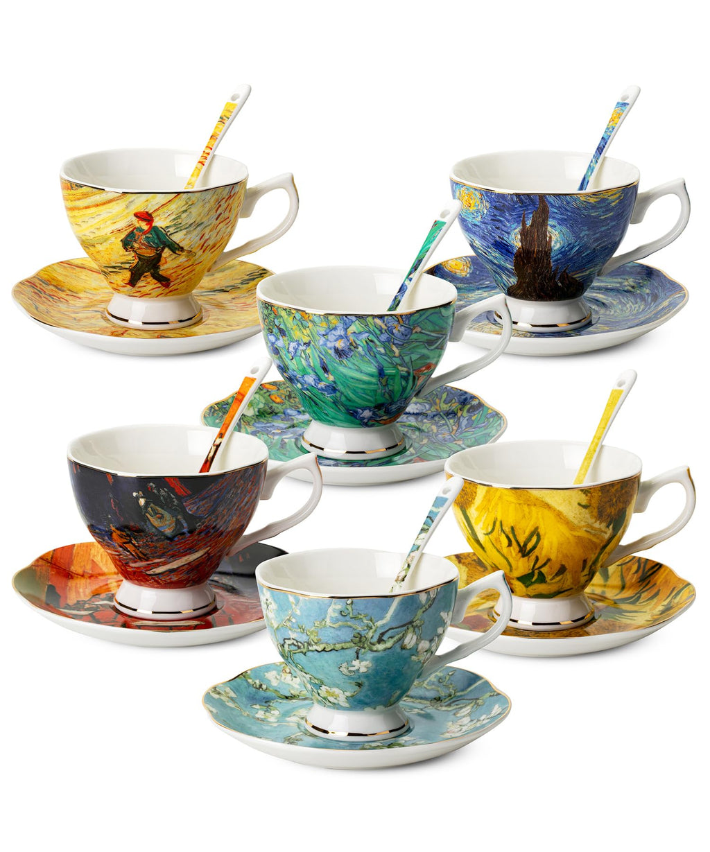 BTaT- Tea Cups and Saucers, Set of 6 with Spoon, 8 oz, Fine Porcelain Teacup Set with Gold Trim for Afternoon Tea, Weddings, Parties & Gifting, Dishwasher Safe, Lightweight, Non-Toxic