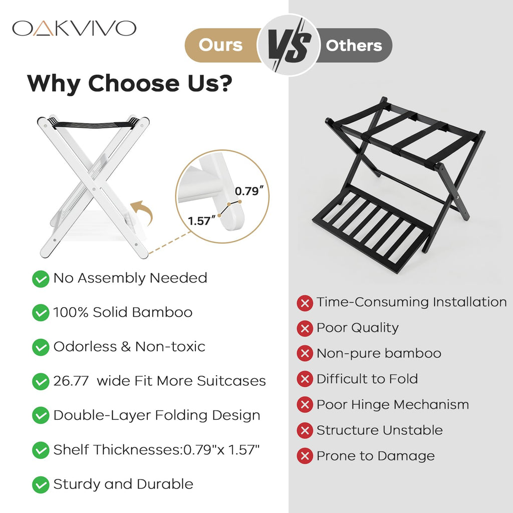 oakvivo Fully Assembled Black Luggage Rack for Guest Room, Bamboo Foldable Suitcase Stand with 5 Nylon Straps, Upgraded Luggage Rack Holder with Shelf for Bedroom Hotel, Holds up to 165 Lbs, 1pcs