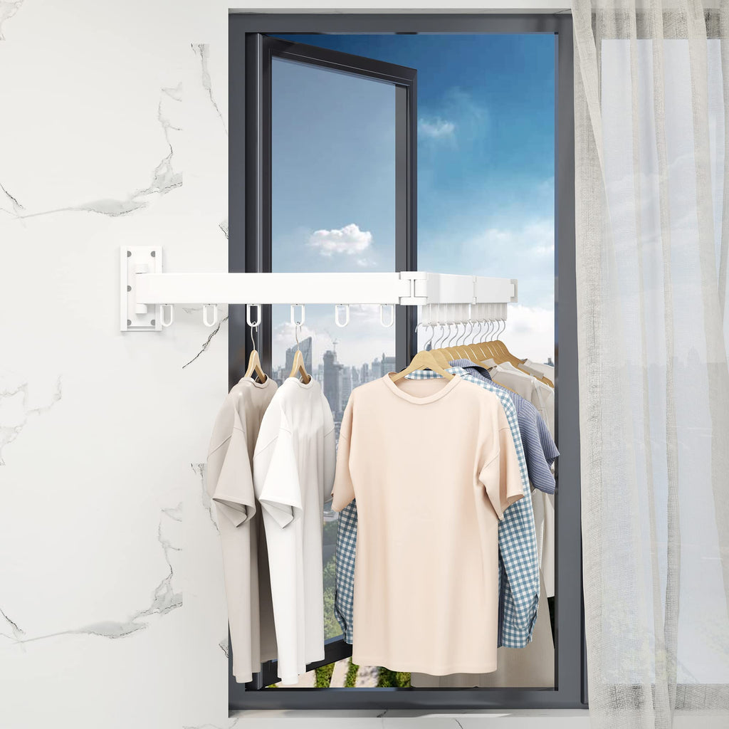 HEILAIYI Clothes Drying Rack for Laundry,Wall Mounted Clothes Hanger Rack,Folding,Retractable,Collapsible(J Shape Hooks)