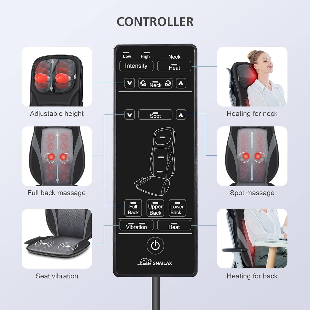 Snailax Shiatsu Back Massager with Heat -Deep Kneading Massage Chair Pad with Adjustable Intensity, Shiatsu Chair Massager to Relax Full Body Muscle，Gift for Mother